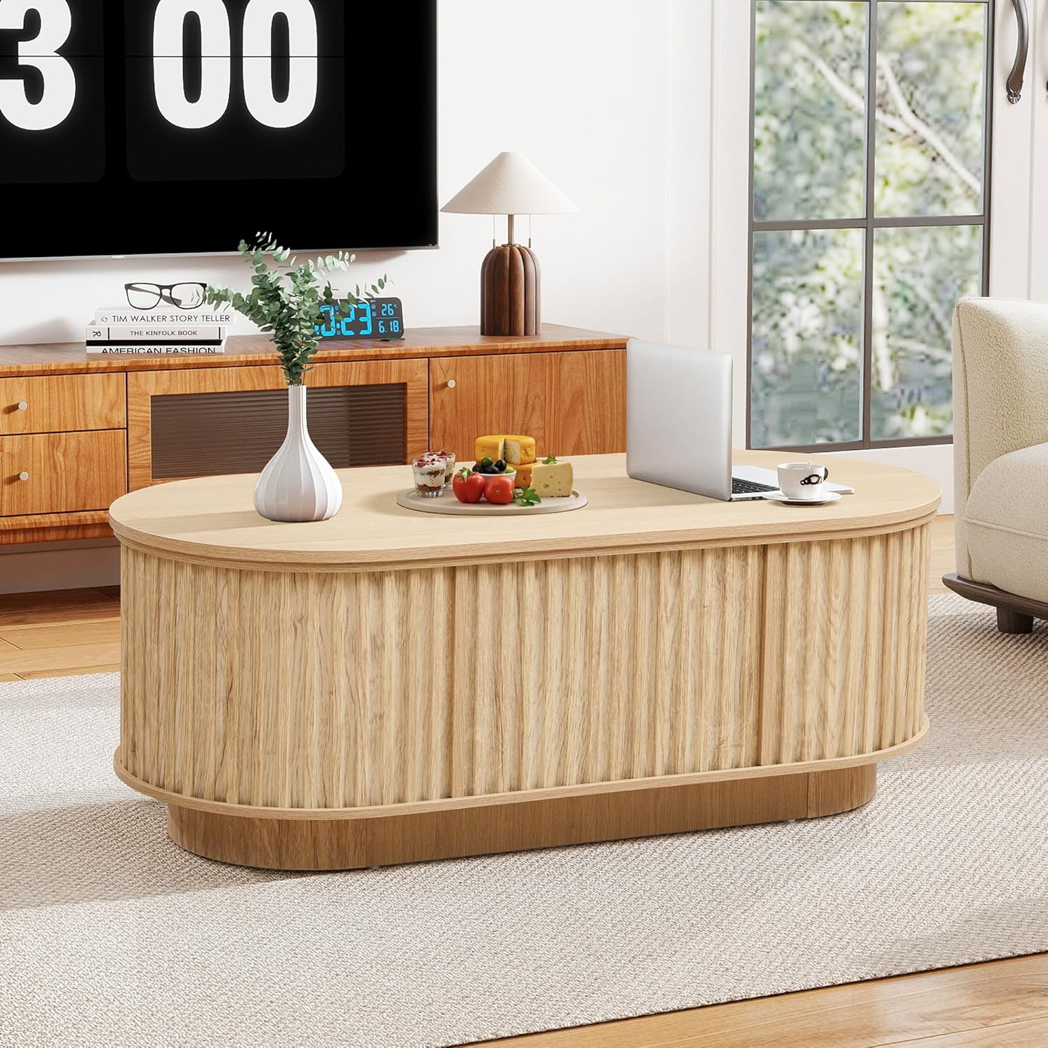 43.3''Lift Top Coffee Table with Storage,Oval Center Table with Hidden Compartment,Mid Century Modern Coffee Tables for Living Room,Fluted Wooden Lift Tabletop for Small Space Apartment Office,Natural