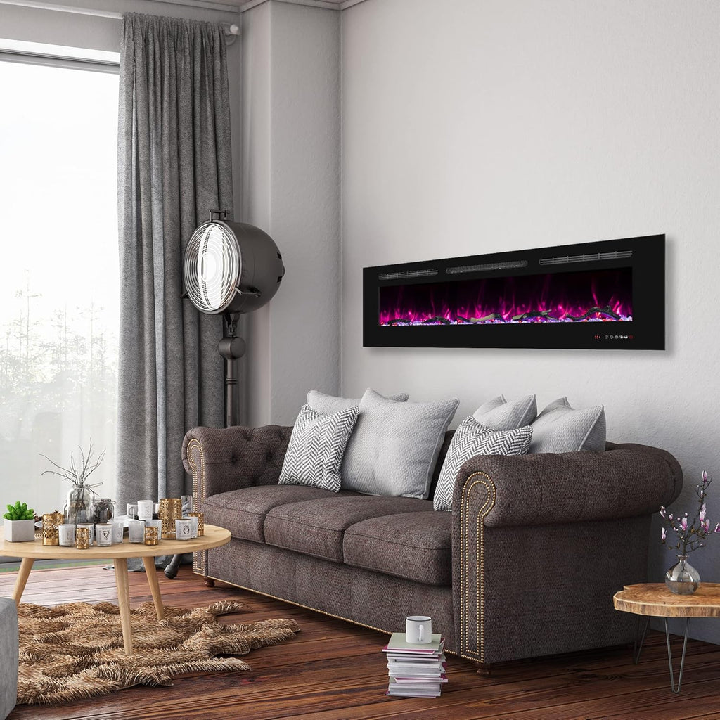 72inch Electric Fireplace in Wall Recessed and Wall Mounted Fireplace Electric, 13 Flame Colors, Realistic Logs & Crystals Fuel Bed, Adjustable Temperature and Timer, 750W/1500W, Black