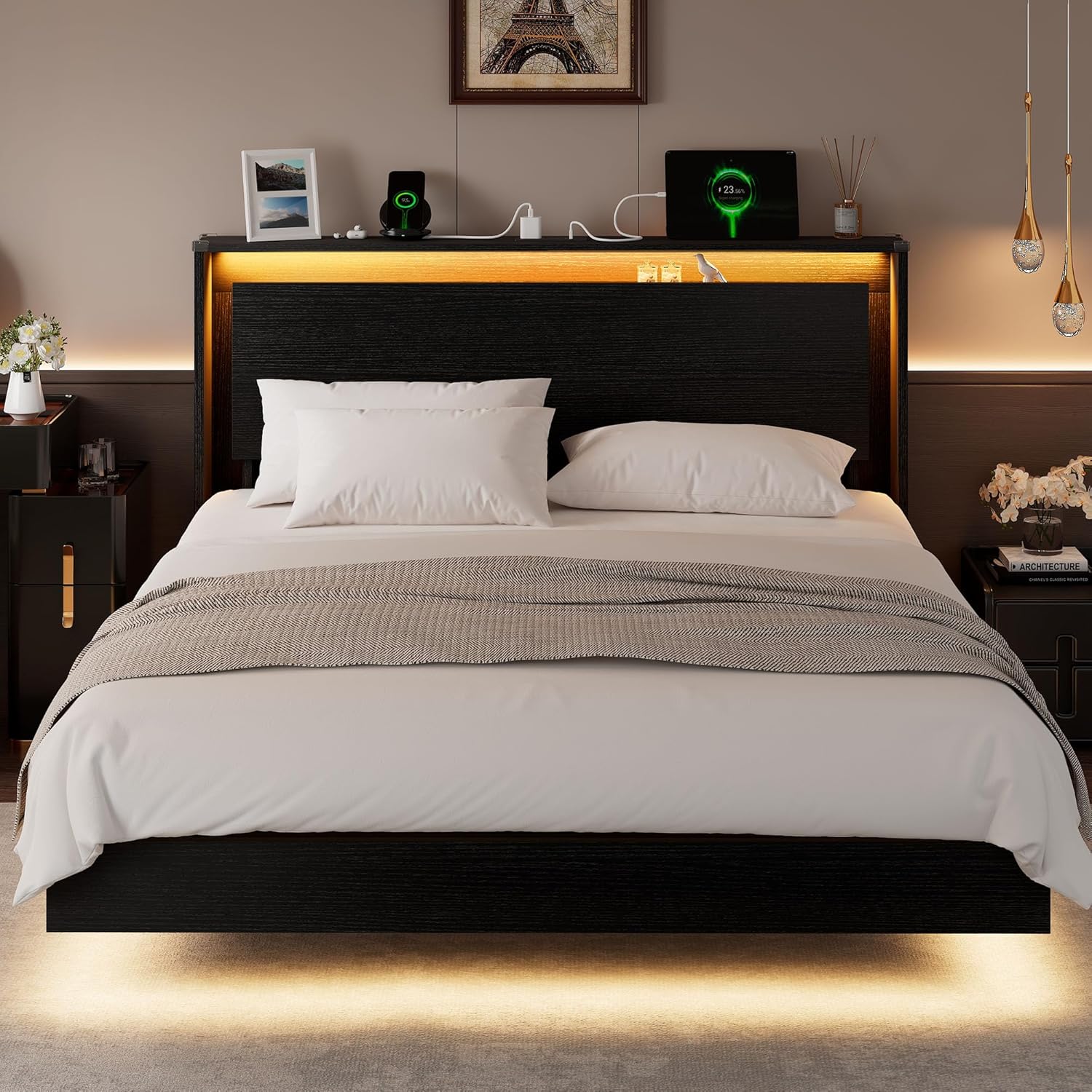 Bed Frame Queen Size with LED Lights & Charging Station – Kids Wood Floating Queen Bed Frame with Storage Headboard, Adhesive Slats, Kick-Free & Noise-Free Design, Easy Assembly, Black