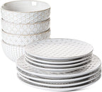 LE TAUCI Plates and Bowls Sets for 4, 12 Piece Ceramic Dinnerware Sets, Modern Stoneware Kitchen Dish Set, Chip Resistant, Microwave & Dishwasher Safe, Embossed, Arctic White