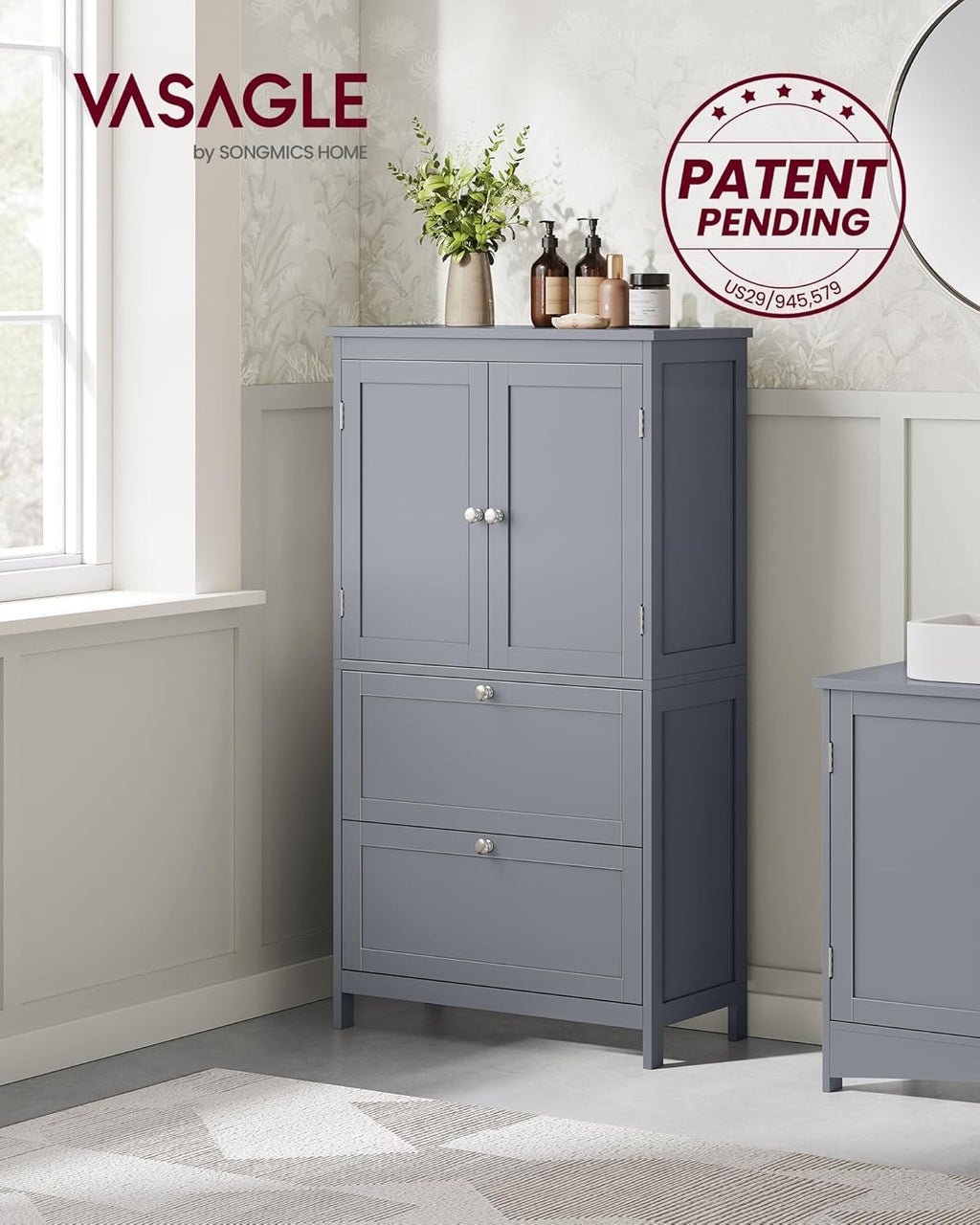 VASAGLE Floor Storage Cabinet, Freestanding Storage Unit with 2 Drawers and 2 Doors, Adjustable Shelf, 11.8 x 23.6 x 43.3 Inches, for Entryway, Bathroom, Dove Gray UBBC551G02V2