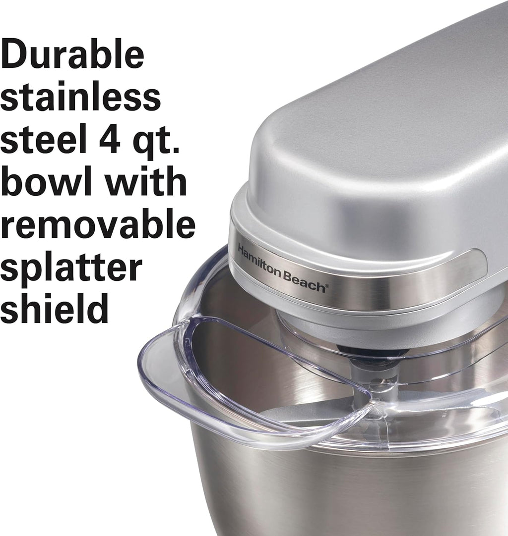 Hamilton Beach Electric Stand Mixer, 4 Quarts, Dough Hook, Flat Beater Attachments, Splash Guard 7 Speeds with Whisk, Silver