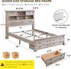 T4TREAM Farmhouse Queen Size Bed Frame with 54" Tall Storage Bookcase Headboard, Wood Platform Bed Frame with 18" Roman Column Decoration Footboard & 2 Drawers, No Box Spring Needed(Light Rustic Oak)