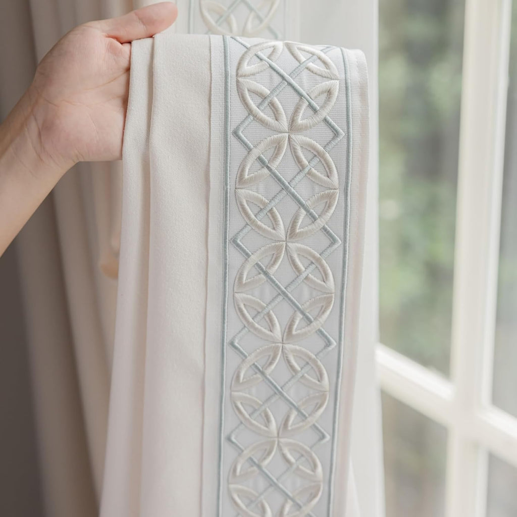 Luxury Cotton Linen Pinch Pleat Curtains, Embroidered Trim Memory Trained Drapes for Stylish Living Room, (50" W x 96" L)