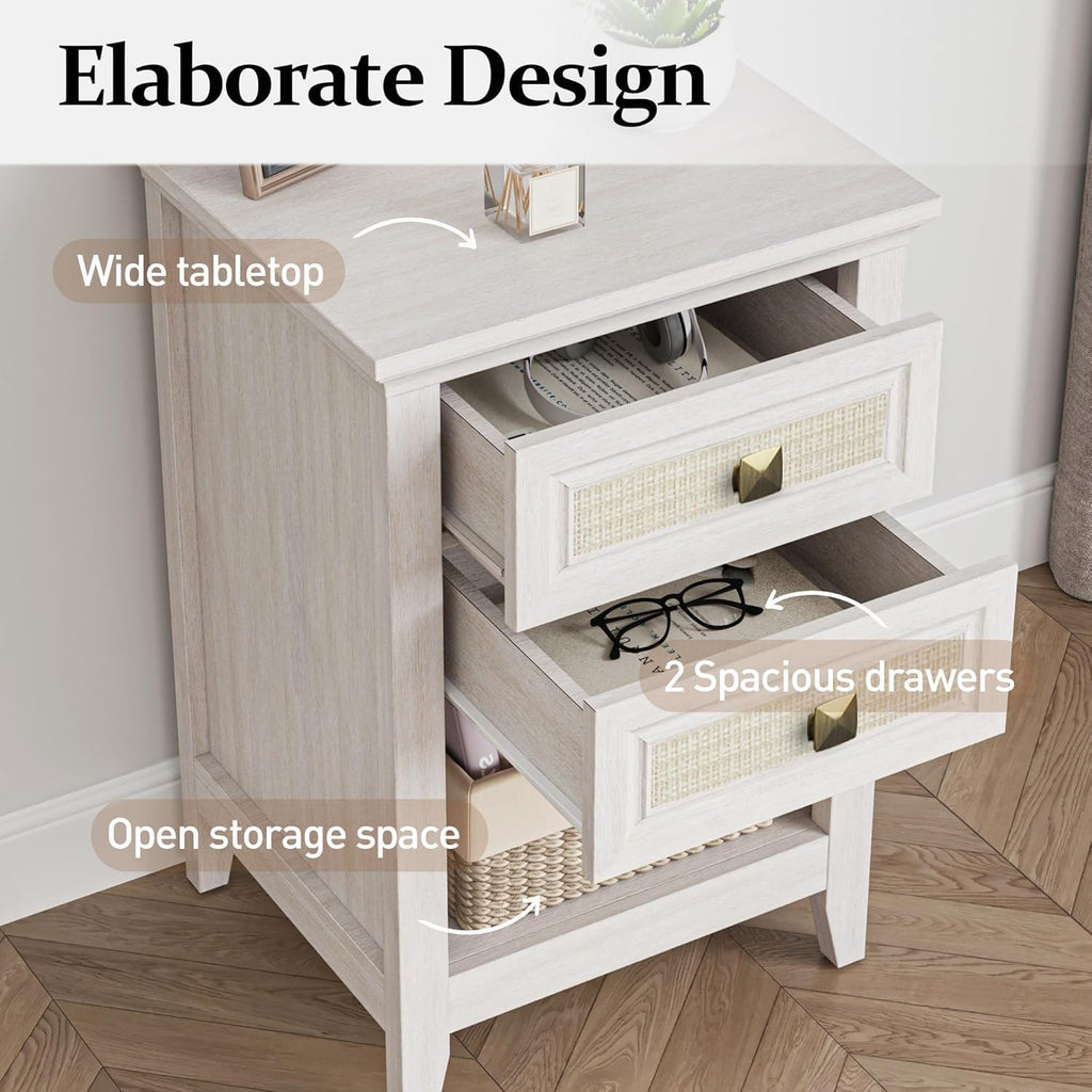 RoyalCraft White Rattan Nightstand with Drawer Set of 2, Boho 27" Tall Bedside Table with Storage for Small Space, Wood Accent End Table Bedroom Furniture, Couch, Grayish White