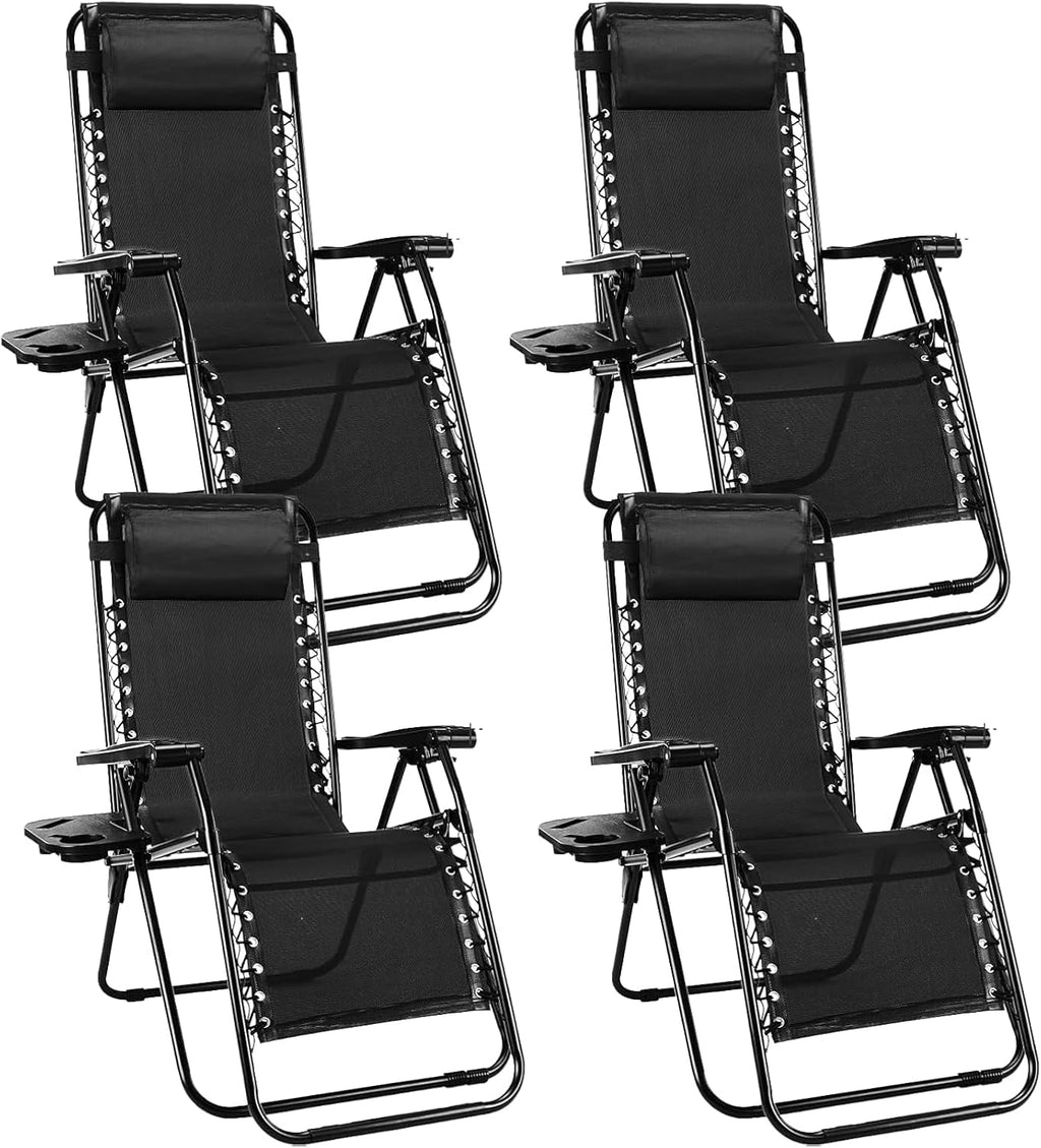 Sweetcrispy Zero Gravity Chairs, Set of 4 Portable Recliner Beach Camping Patio Outdoor Folding Lounge Chair with Cup Holder Trays and Adjustable Pillow for Poolside, Garden, Backyard, Lawn (Black)
