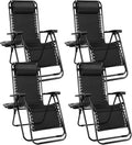 Sweetcrispy Zero Gravity Chairs, Set of 4 Portable Recliner Beach Camping Patio Outdoor Folding Lounge Chair with Cup Holder Trays and Adjustable Pillow for Poolside, Garden, Backyard, Lawn (Black)