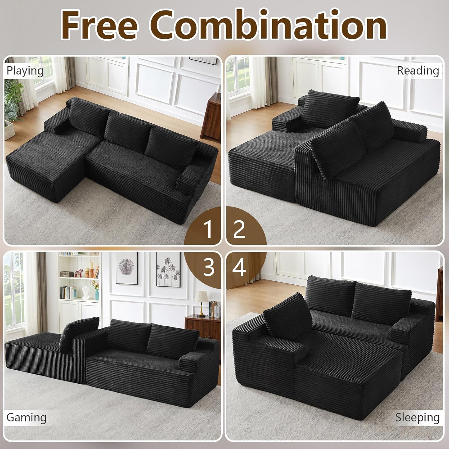 96" Modular Sectional Sofa Couches L-Shape Couch 3 Seat Modular Sofa Corduroy Memory Foam Sectional Boneless Couches for Living Room, Cloud Couch with Oversized Chaise(Black, Left Facing)