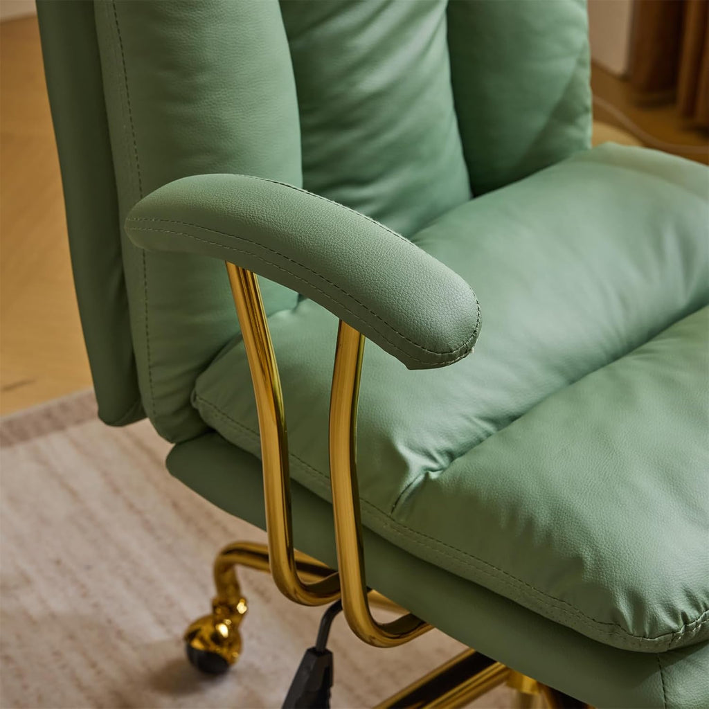 VINGLI Home Office Desk Chair Comfy with Wheels & Removable Armrests,Gold Base Vanity Chair with Back,Adjustable Rolling Swivel Computer Task Chair for Study,Makeup,Office,Cat Scratch PU,Green