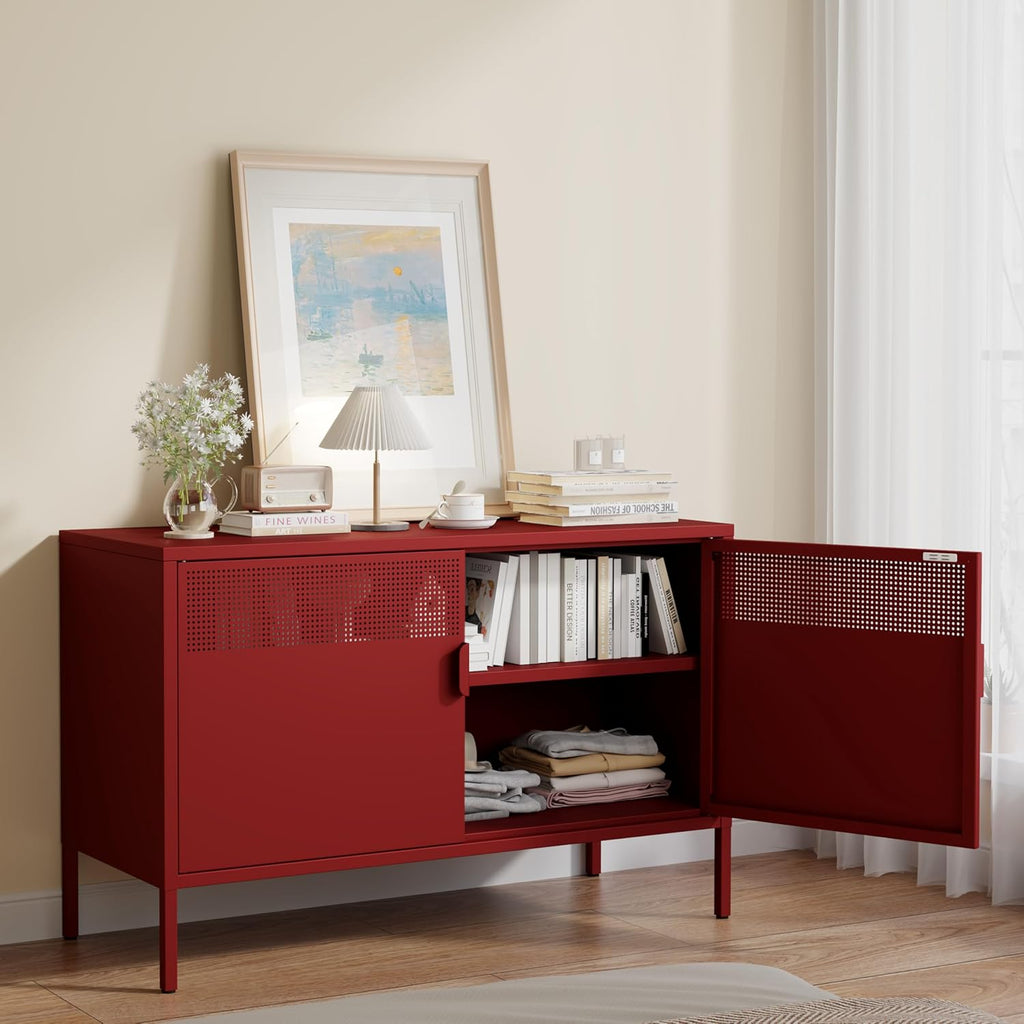 Metal Storage Cabinet with 2 Doors & Adjustable Shelves, 25" H Red Accent Cabinet, Metal Locker Storage Cabinets, Tv Stand Cabinet for Home, Office, Living Room, Entryway