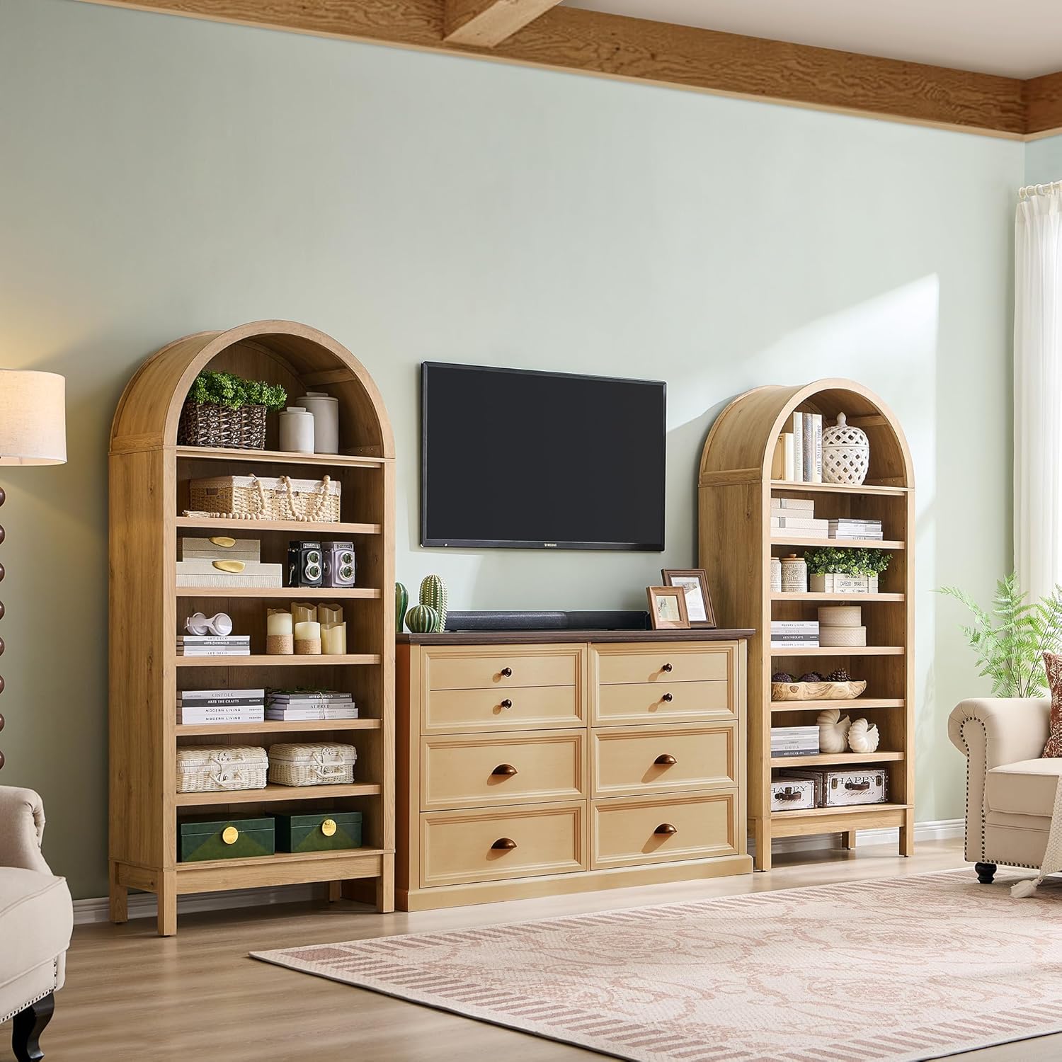 71" Tall Arched Bookshelf Set of 2, 7 Tiers Arch Bookcase with Storage, Modern Farmhouse Book Shelf with Adjustable Shelves, Wood Bookshelf w/Open Display Shelves for Living Room, Office, Natural
