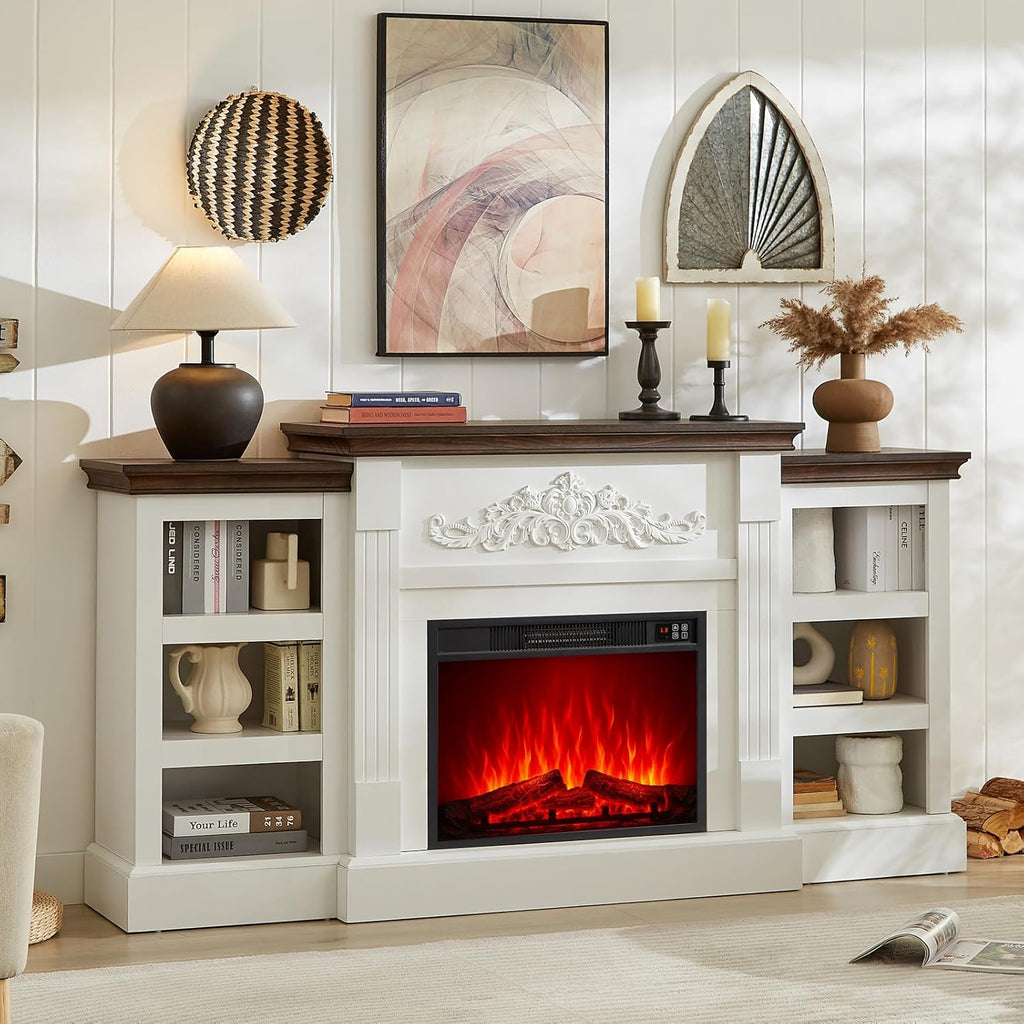 SOOWERY Electric Fireplace with Mantel, Fireplace TV Stand with Replaceable Fireplace Insert and Storage, Farmhouse Entertainment Center with Fireplace Heater for TVs Up to 80", White & Brown