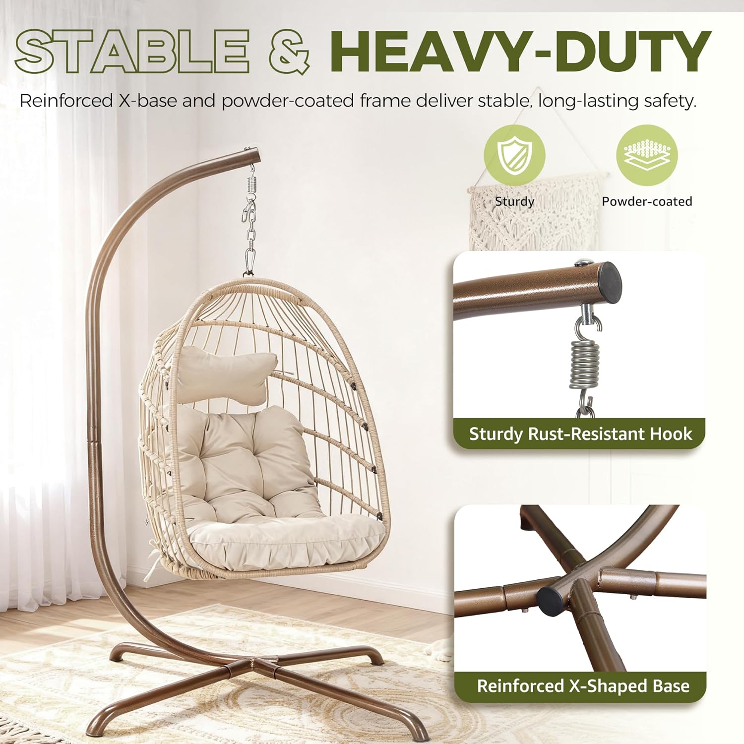 RADIATA Outdoor Swing Egg Chair with Stand, 350Lbs Heavy-Duty Wicker Egg Hanging Patio Chairs for Outside, Comfy Porch Swinging Chair with Thick Cushion Balcony Backyard Bedroom Indoor, Beige
