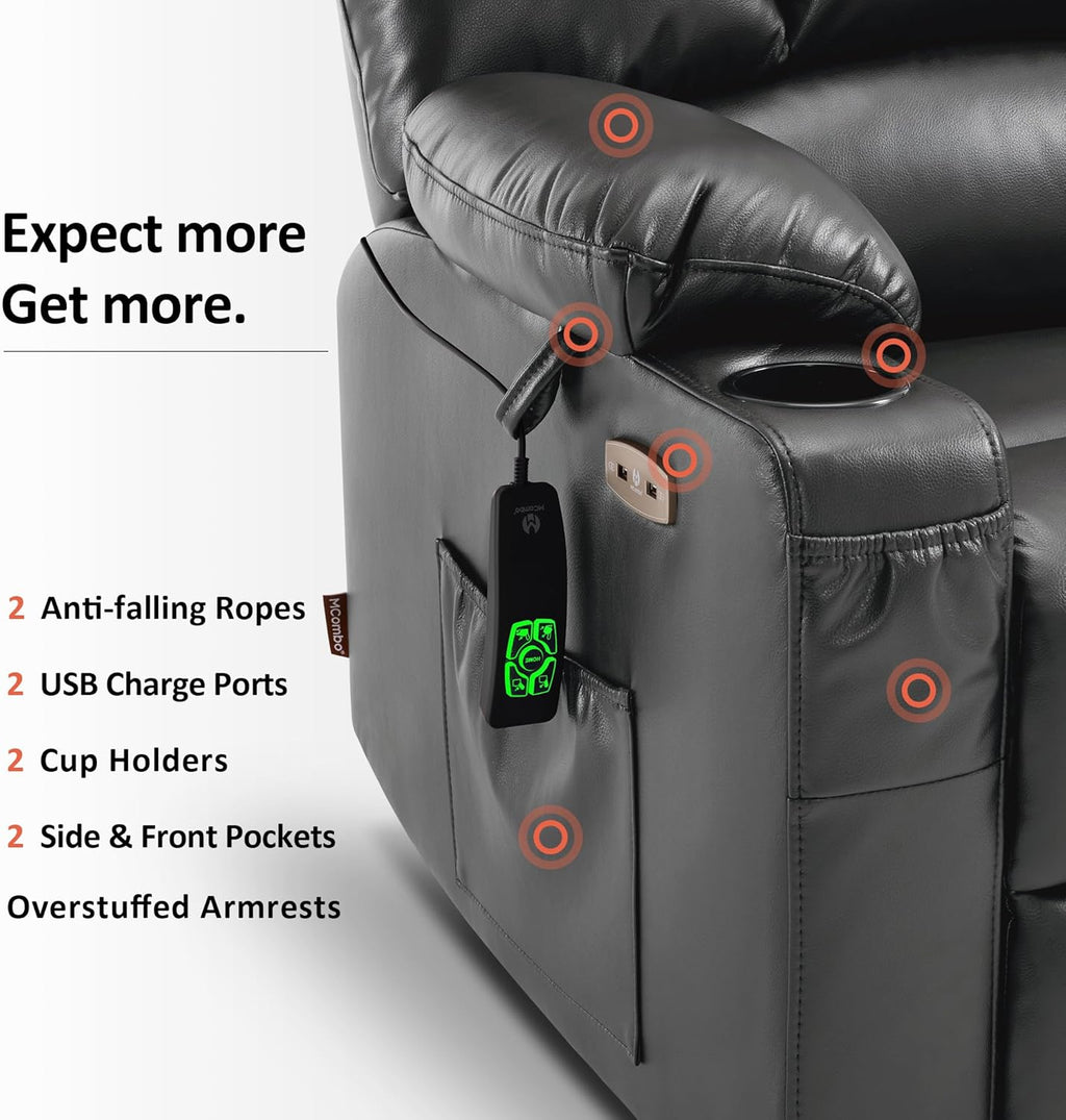 MCombo Oversized Dual Motor Power Lift Recliner Chair Sofa with Massage and Heat for Big Elderly People, Infinite Position, USB Ports, Faux Leather R7688 (Dark Grey, Large-Oversize)