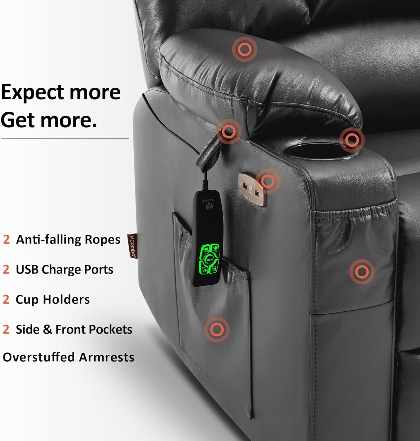 MCombo Oversized Dual Motor Power Lift Recliner Chair Sofa with Massage and Heat for Big Elderly People, Infinite Position, USB Ports, Faux Leather R7688 (Dark Grey, Large-Oversize)