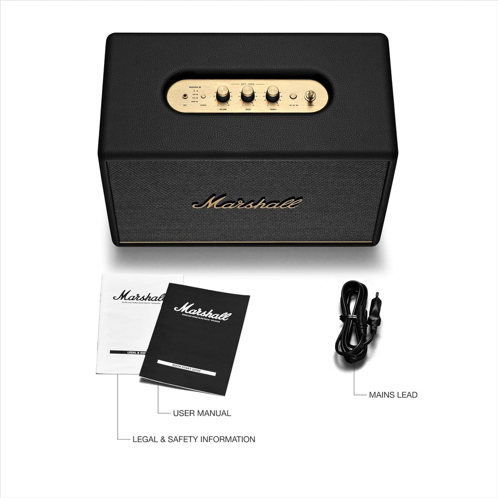 Marshall Woburn III Bluetooth Home Speaker - Loud Stereo Sound with Bass and Treble Controls | Plug-in Powered | Record Player Compatible | HDMI  RCA  3.5 mm Aux Inputs - Black