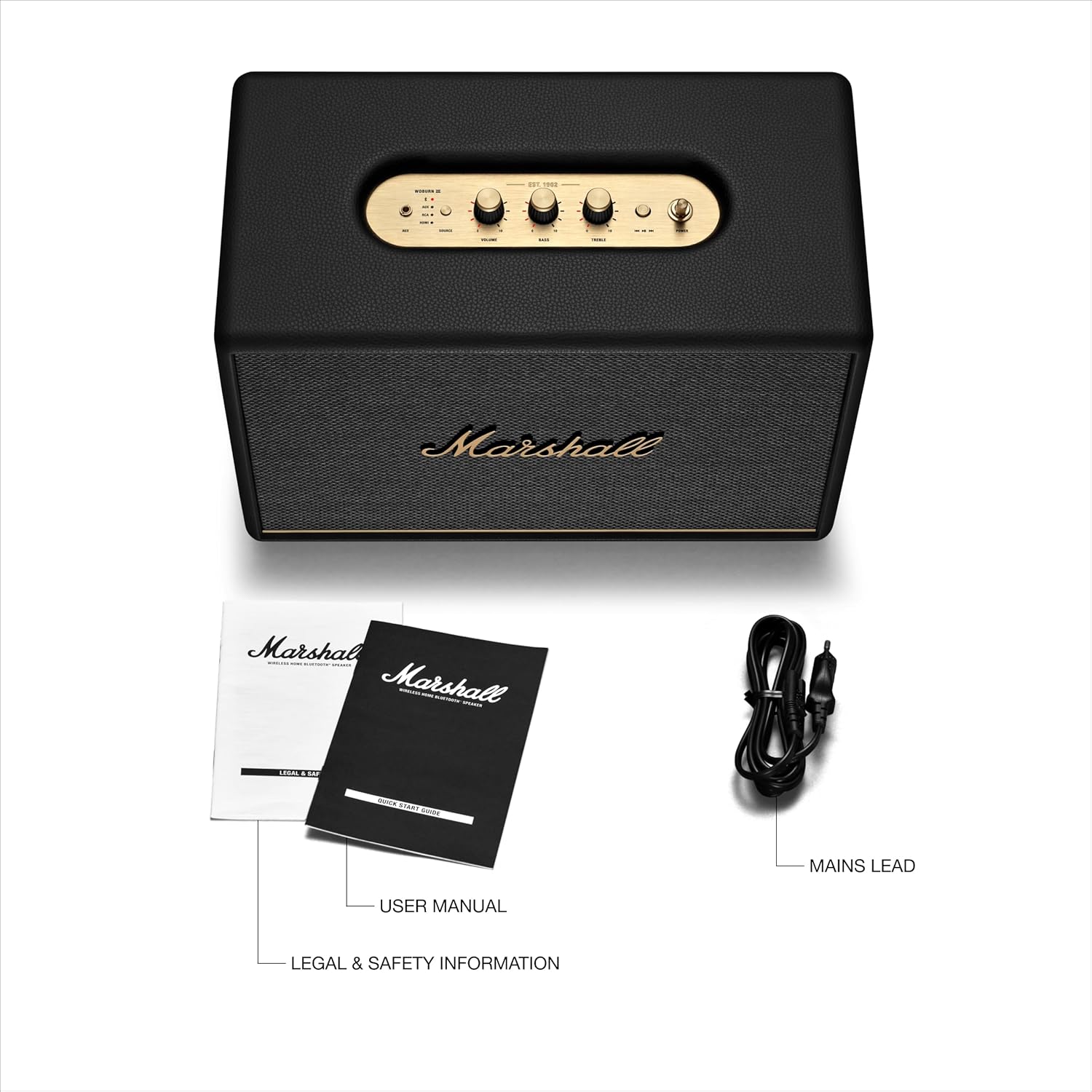 Marshall Woburn III Bluetooth Home Speaker - Loud Stereo Sound with Bass and Treble Controls | Plug-in Powered | Record Player Compatible | HDMI  RCA  3.5 mm Aux Inputs - Black