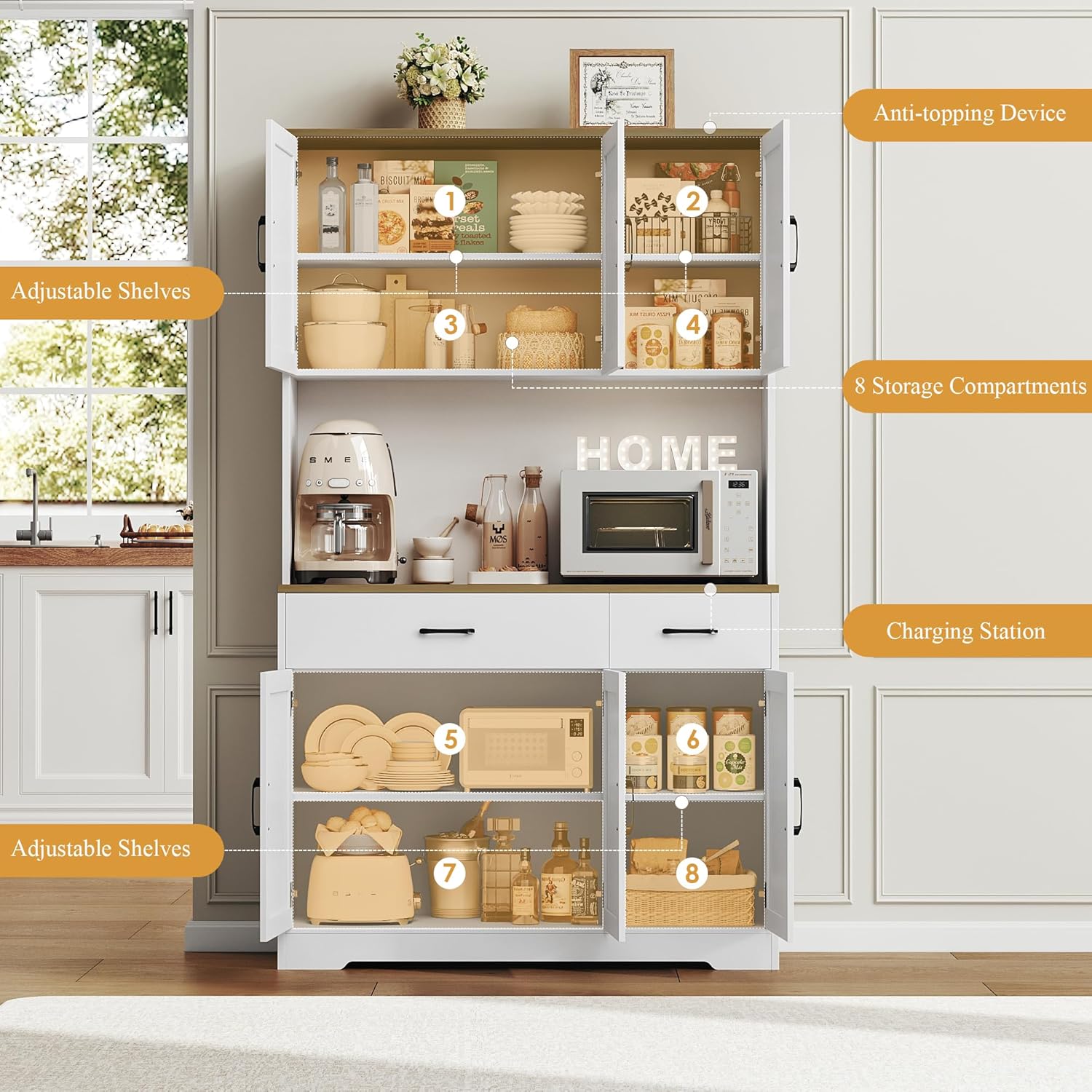 HOSTACK 71" Pantry Cabinet with Charging Station, Tall Kitchen Pantry Storage Cabinet with Microwave Stand, Farmhouse Kitchen Hutch with Storage Drawers for Living Room, Dining Room, White