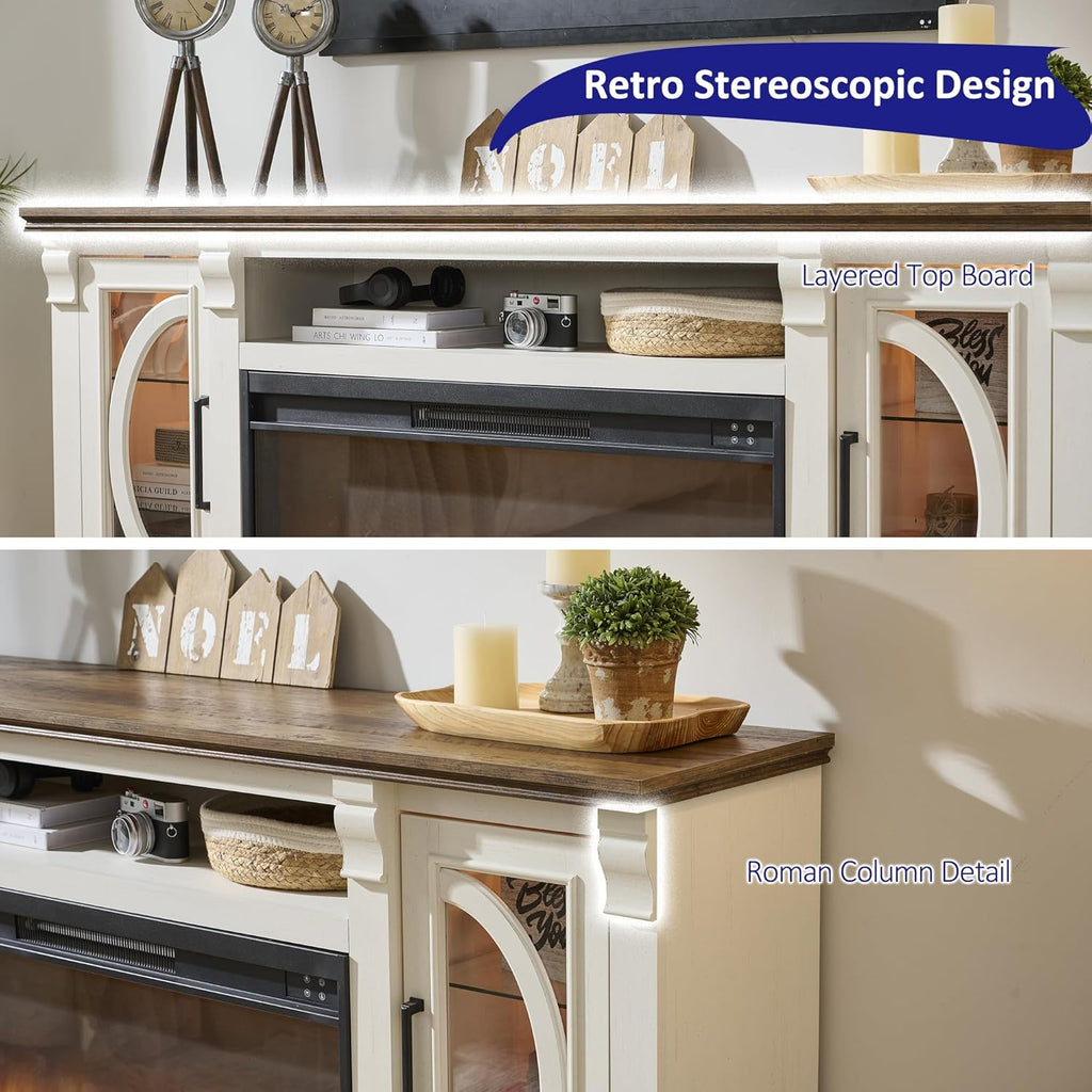 Crescent TV Stand with Fireplace for up to 80 Inch TV, LED Entertainment Center with 36 Inch Electric Fireplace, Farmhouse TV Console Table w/Glass Door for Living Room, Antique White
