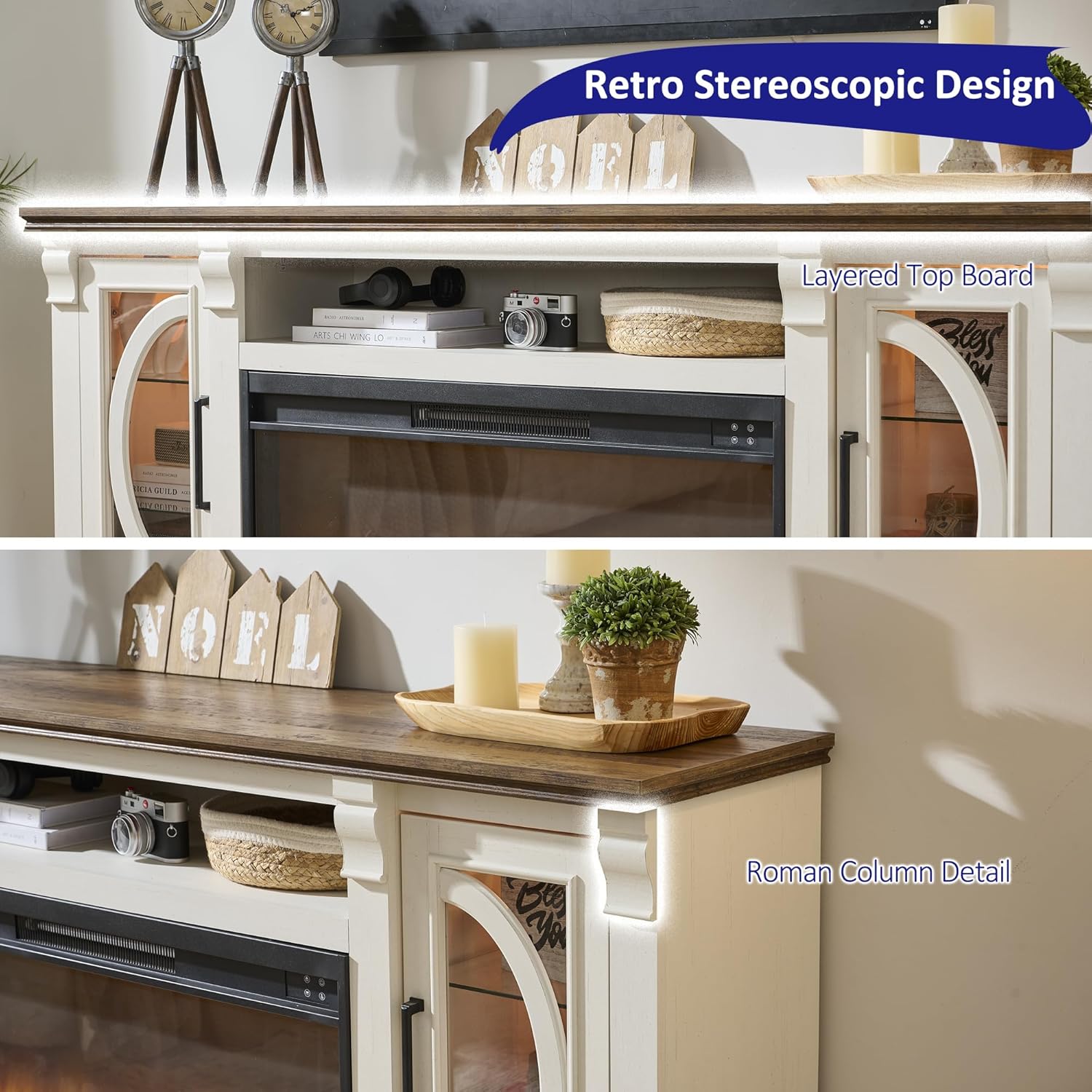 Crescent TV Stand with Fireplace for up to 80 Inch TV, LED Entertainment Center with 36 Inch Electric Fireplace, Farmhouse TV Console Table w/Glass Door for Living Room, Antique White