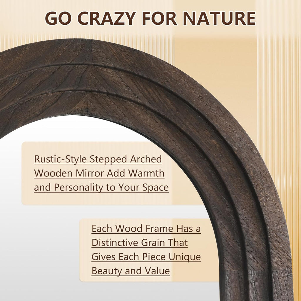 Rustic Standing Full Length Mirror Wood Frame, 71"X32" Large Arched Floor Mirror with Stand, Farmhouse Wood Mirror Full Length for Bedroom Living Room Entryway, Leaning or Wall Mounted, Brown