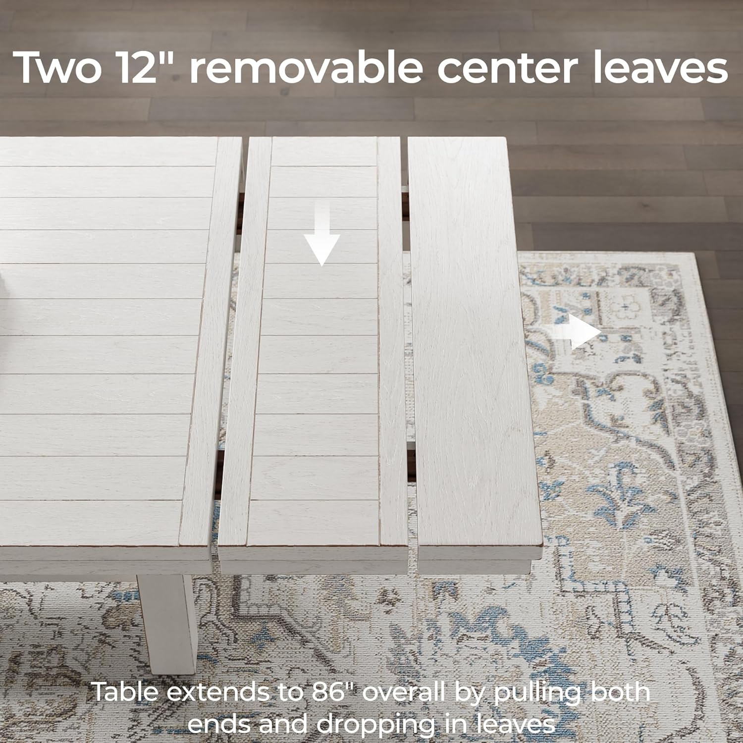 Signature Design by Ashley Robbinsdale Casual Removable Center Leaf Dining Extension Table with Trestle Base, Wood, Ash Veneer, Tabletop with Planked Effect, 2 Removable Center Leaves, Seats 8, White