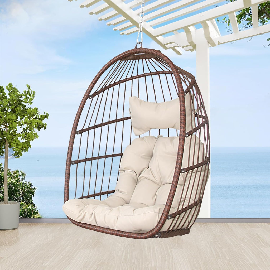 BULEXYARD Heavy-Duty Egg Swing Chair Without Stand, 350 Lbs Foldable Rattan Hanging Hammock with Cushion, All-Weather Basket Seat for Outdoor Patio Bedroom Pergola Tree or Ceiling Mount, Brown Tan