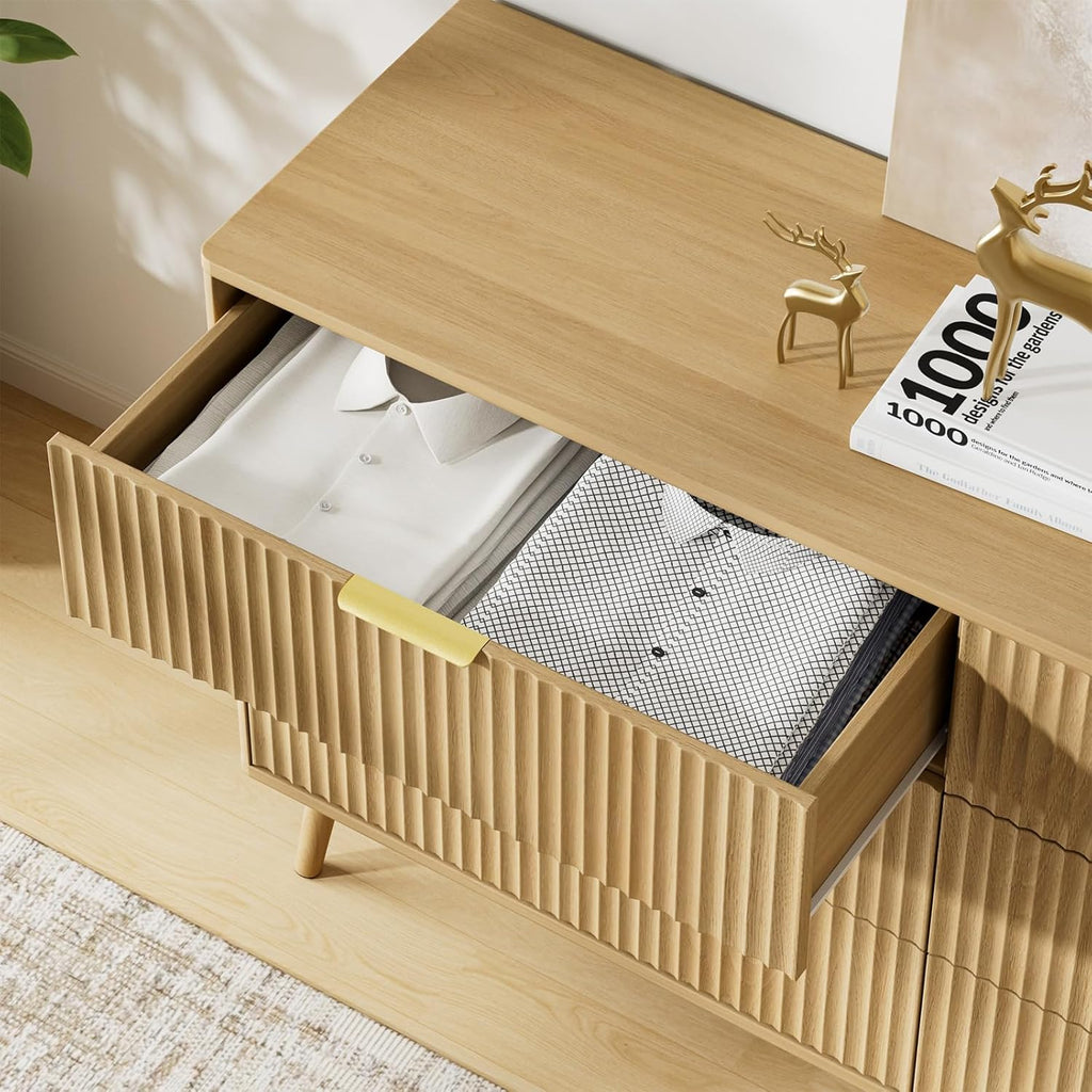LYNSOM 55" Wide Fluted Dresser for Bedroom with 6 Drawer, Modern Chest of Drawers with Curved Profile Design and Metal Handles, Wood Dresser TV Stand & Storage Organizer for Living Room, Oak