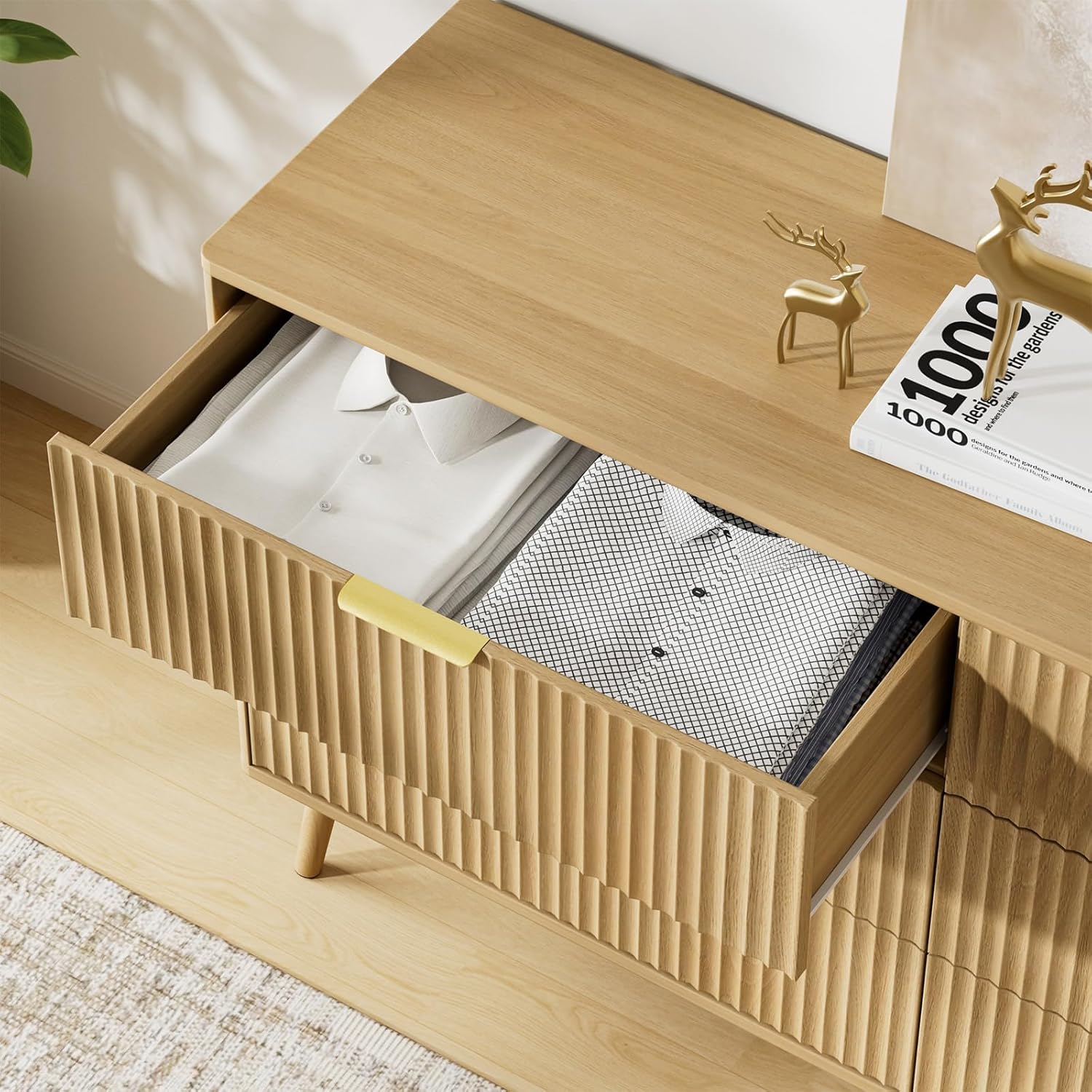 LYNSOM 55" Wide Fluted Dresser for Bedroom with 6 Drawer, Modern Chest of Drawers with Curved Profile Design and Metal Handles, Wood Dresser TV Stand & Storage Organizer for Living Room, Oak