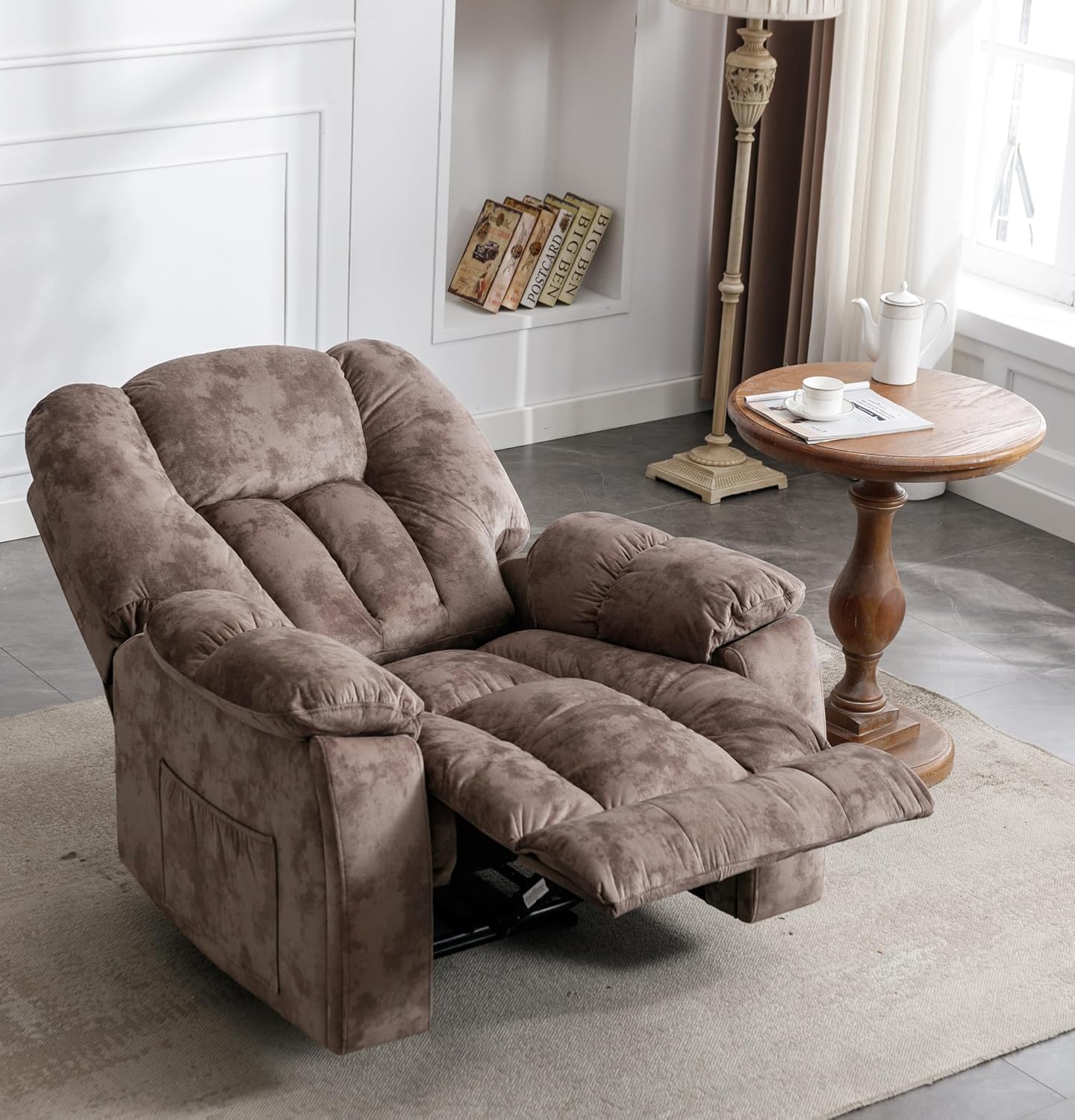 CANMOV Manual Reclining Chair-Overstuffed Recliner Chair with Cup Holder Side Pocket Footrest Fabric Recliners for Living Room Bedroom, Apricot