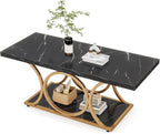 Tribesigns Rectangle Coffee Table, 47.24-inch Modern Coffee Tables for Living Room, 2-Tier Faux Marble Wood Coffee Table with Geometric Metal Legs, Furniture with Storage Shelf (Black & Gold)