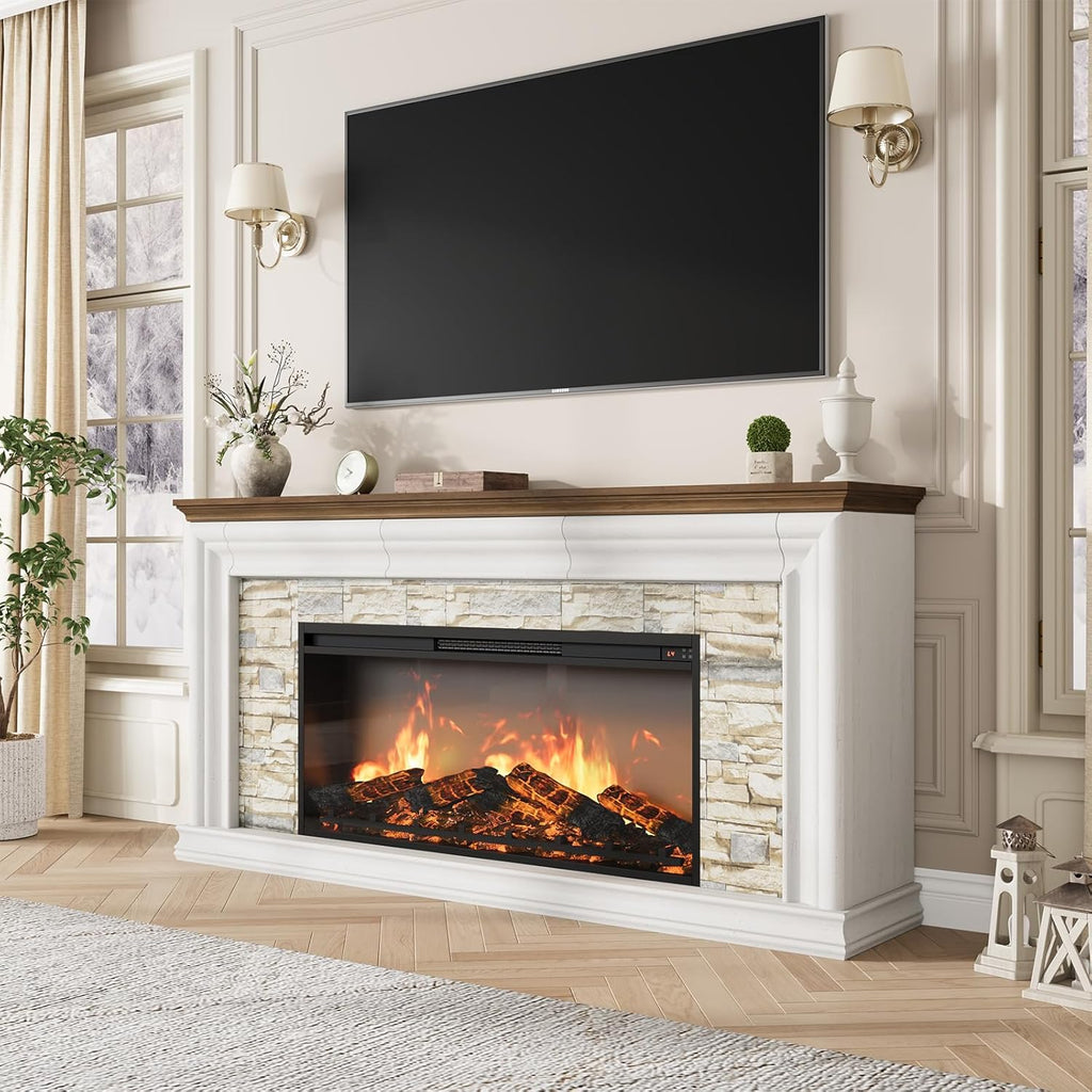 QUW 70" Fireplace TV Stand Up to 80" TVs, 42" Modern Electric Fireplace with Mantel, Farmhouse Entertainment Center with Concealed 3 Drawers for Living Room, Adjustable Brightness & Low Noise, White