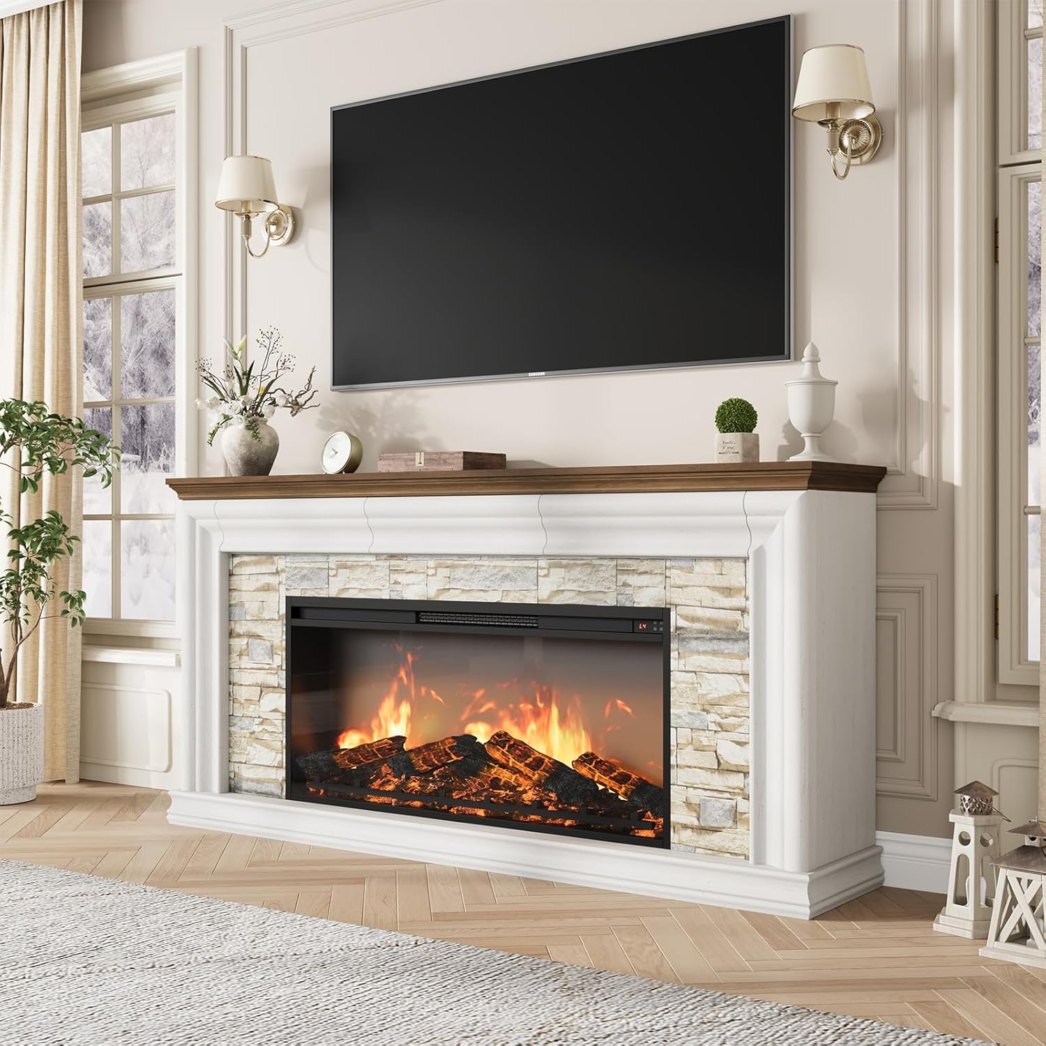 QUW 70" Fireplace TV Stand Up to 80" TVs, 42" Modern Electric Fireplace with Mantel, Farmhouse Entertainment Center with Concealed 3 Drawers for Living Room, Adjustable Brightness & Low Noise, White