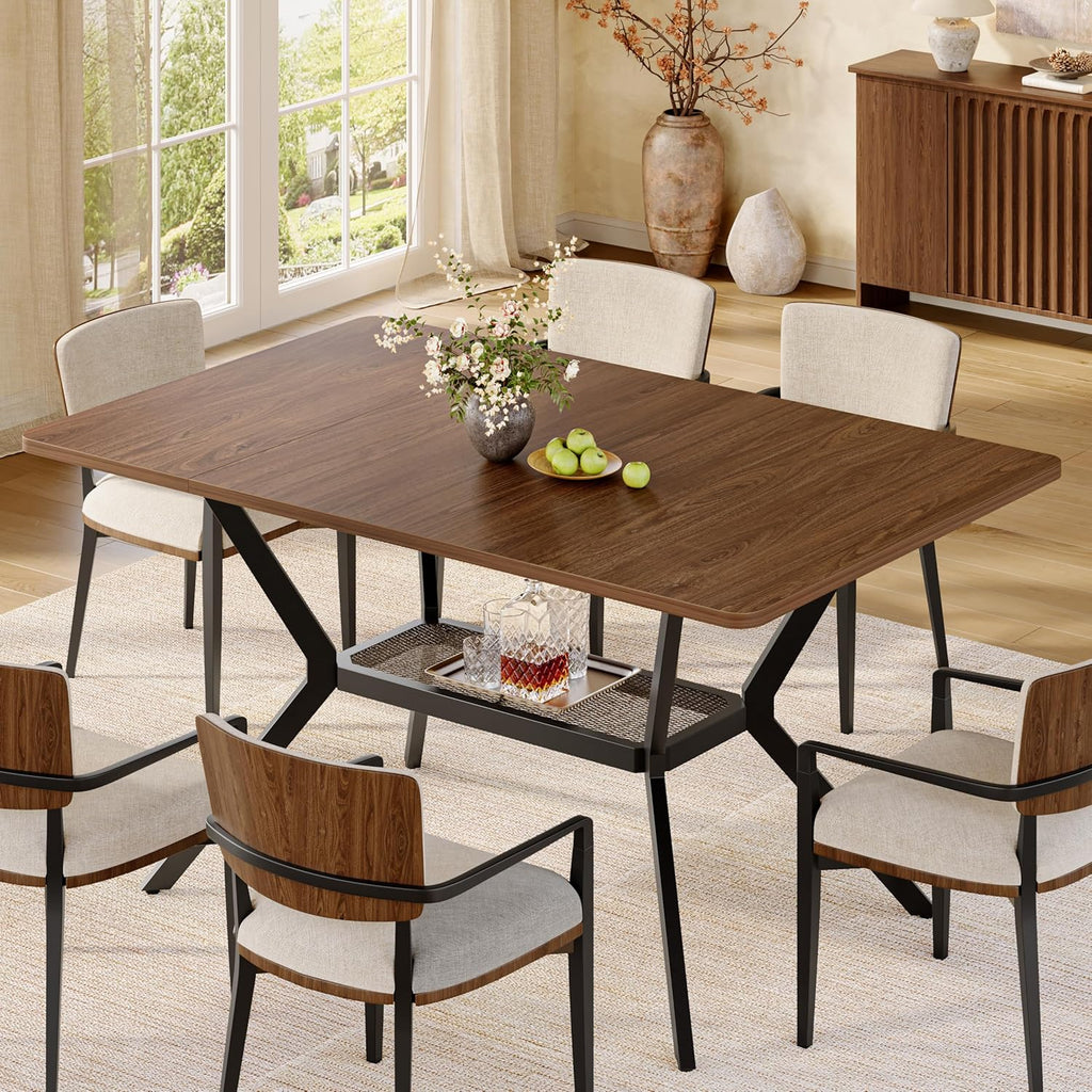 55 inch Dining Table for 4-6, Rectangle Kitchen Table with Storage Shelf, Space Saving Modern Farmhouse Design with Sturdy Metal Legs for Dining Room & Small Apartments