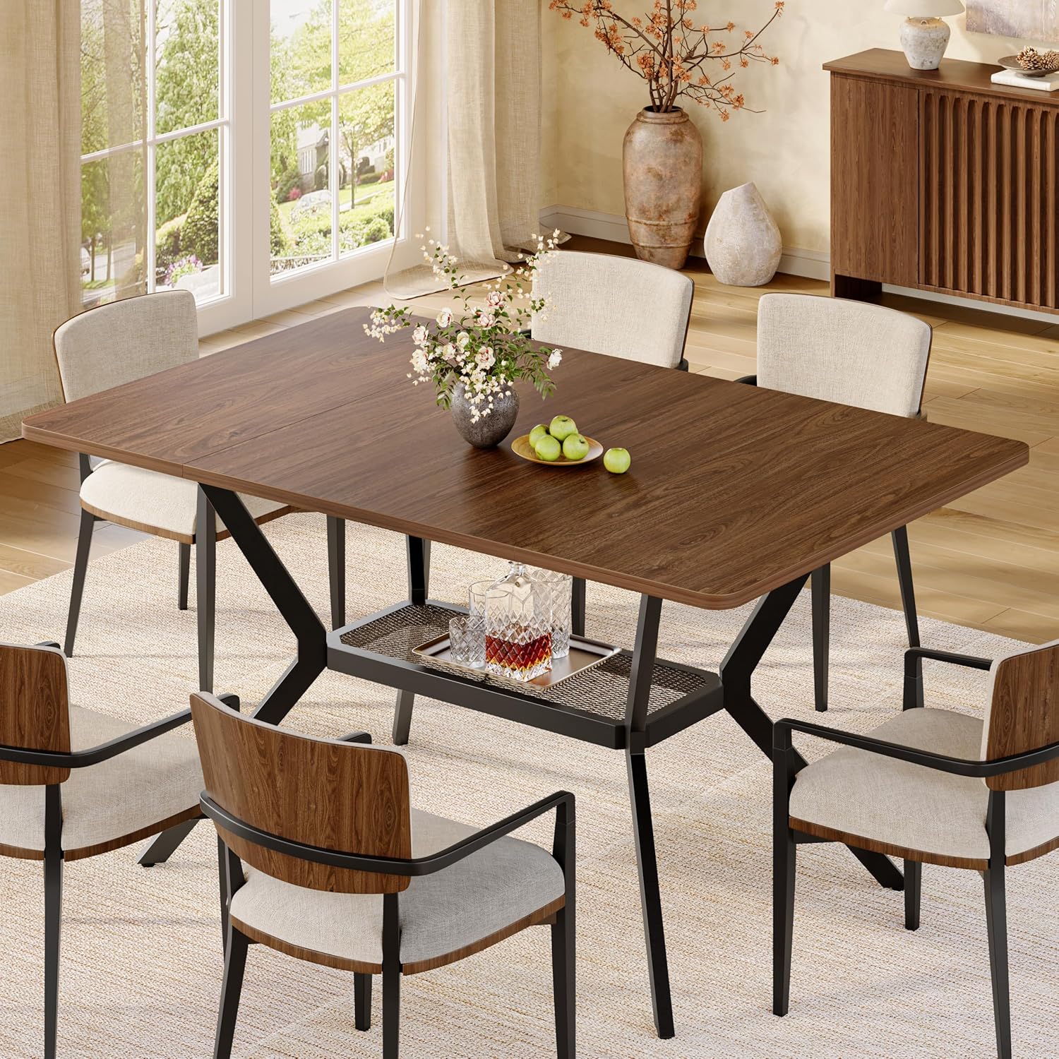 55 inch Dining Table for 4-6, Rectangle Kitchen Table with Storage Shelf, Space Saving Modern Farmhouse Design with Sturdy Metal Legs for Dining Room & Small Apartments