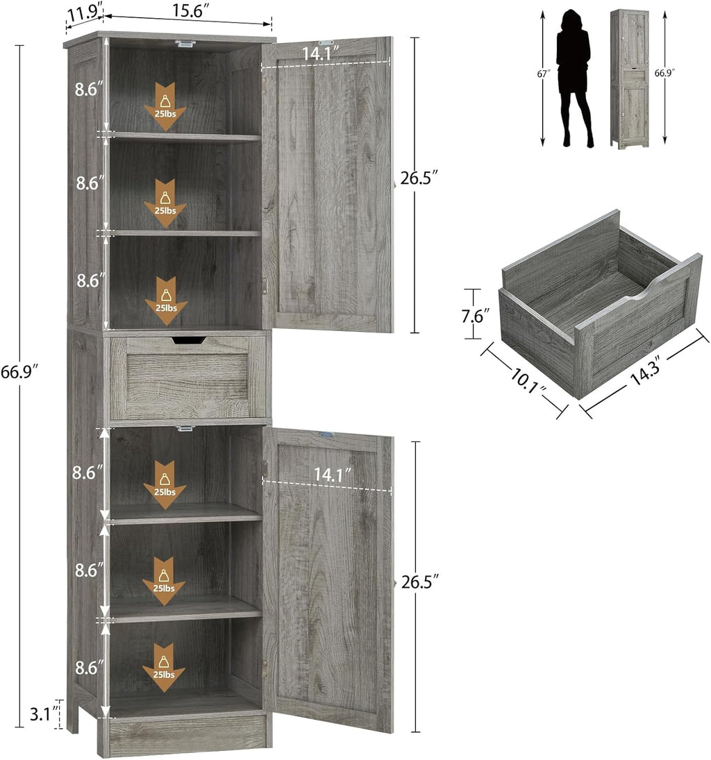 Iwell 67" Tall Bathroom Cabinet with Adjustable Shelves & 1 Drawer, Storage Cabinet with 2 Doors, Narrow Tall Cabinet, Floor Cabinet for Bathroom, Living Room, Home Office, Grey