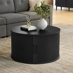 LINSY HOME Round Coffee Table, 31.5" Drum Coffee Table with Sliding Tambour Door, Fluted Accent Center Table with Storage, Mid Century Modern Coffee Table for Living Room (Black)