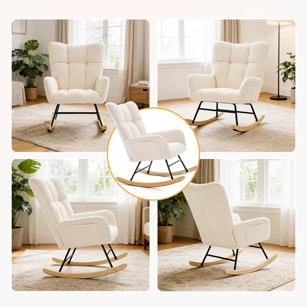 DUMOS Nursery Rocking Chair Teddy Upholstered, Comfy Glider Rocker with High Backrest Armchair Padded Seat, Accent Side Chair for Living Room Bedroom Offices Small Spaces Indoor, Beige