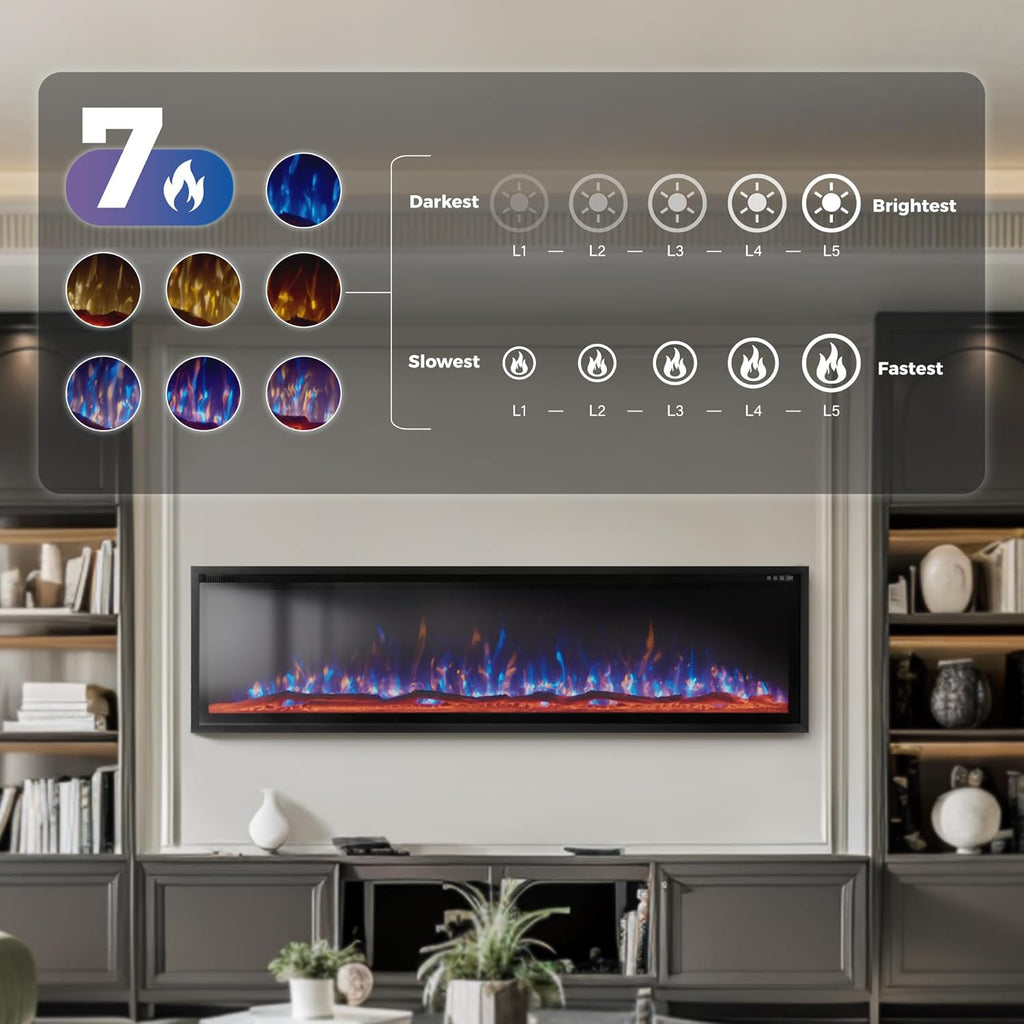 MAISON ARTS 72" Electric Fireplace, Recessed & Wall Mounted Electric Fireplace Heater, Ultra Narrow Frame Fireplace Insert w/Remote Control, Timer, Adjustable Flame Colors, Log/Crystal, 750/1500W