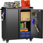 Aobabo 34.3 Inches Metal Storage Cabinet with Wheels and 2 Pegboards, Lockable Rolling Tool Storage Cabinet with 1 Adjustable Shelves for Garage,Assembly Required,Black