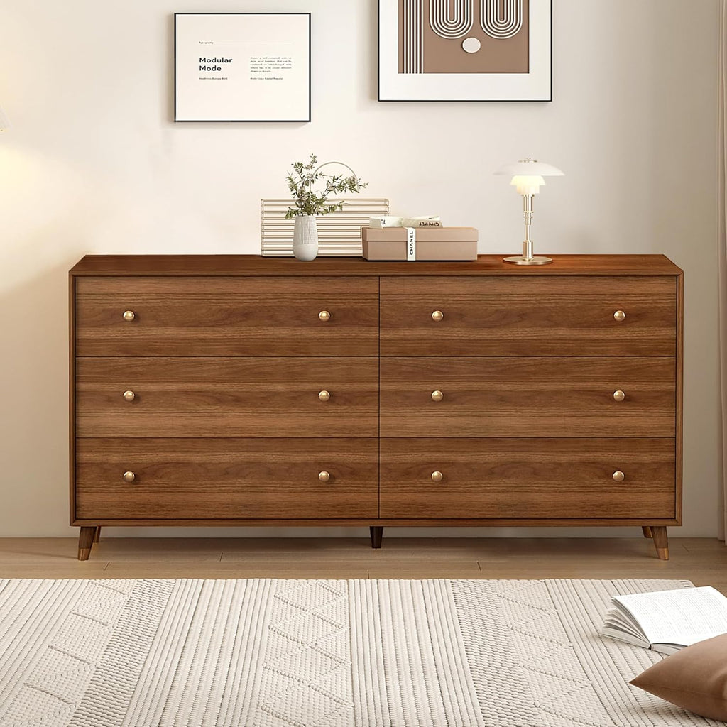 6 Drawer Dresser for Bedroom, 55 Inch Walnut Dresser for Closet, Mid Century Wood Chest of Drawers with Natural Texture & Pre-Embedded Slots for TV Stand, Living Room, Hallway, Office