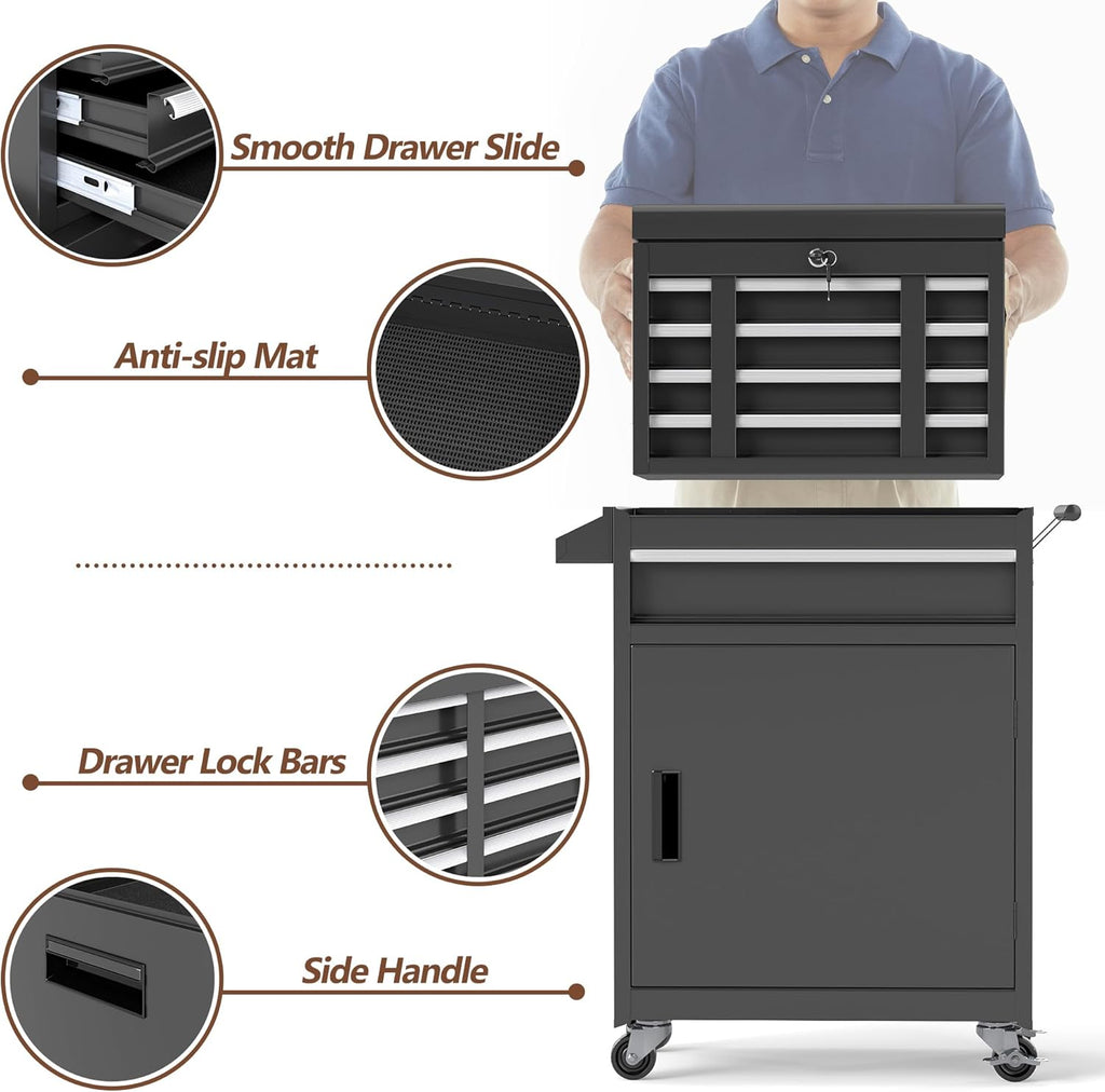 Tool Chest, 5 Drawer Rolling Tool Storage Cabinet with Detachable Top Tool Box, Metal Tool Cart with Lockable Wheels & Sliding Drawers for Garage, Workshop