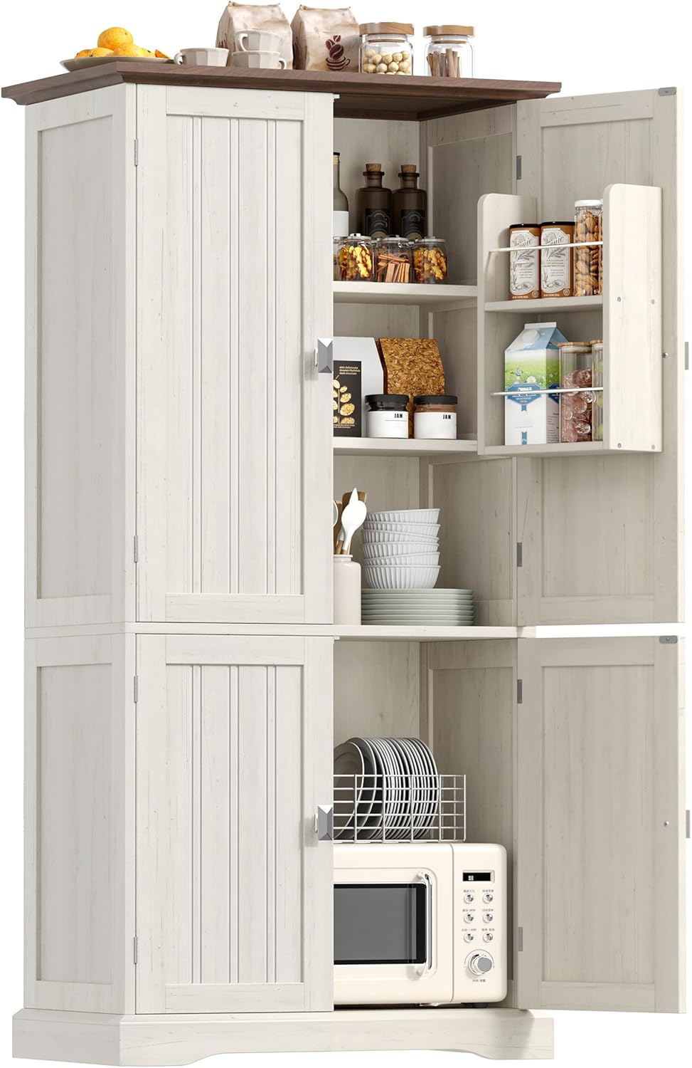 Akxomel 53.1" H Tall Bathroom Storage Cabinet with 4 Door Shelves, Farmhouse Kitchen Pantry Cabinet with 4 Doors, Linen Bathroom Floor Cabinet for Kitchen, Bathroom, Living Room, Rustic White