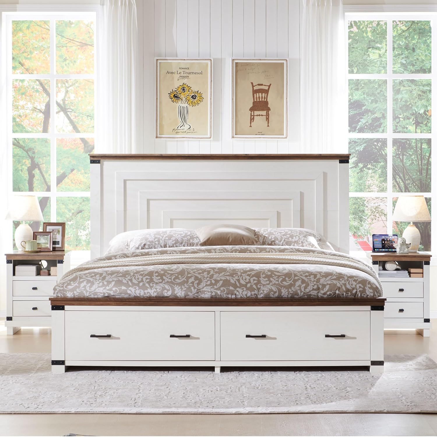 RedLemon Farmhouse King Size Wood Bed Frame with 54" Tall Geometric Headboard, 2 Large Storage Drawers, Solid Wood Slats Support, Noise Free, No Box Spring Needed, Antique White
