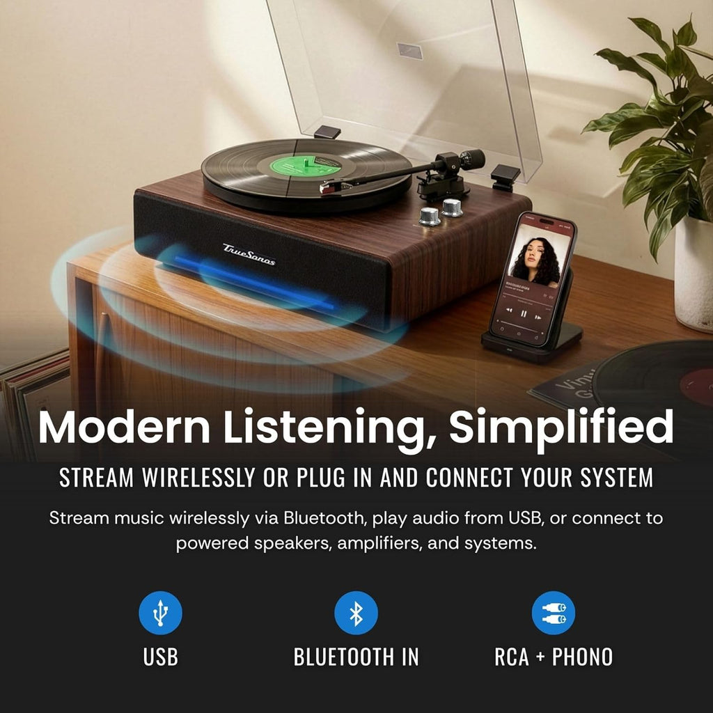 Hi-Fi Record Player with Speakers | Premium Vinyl Turntable with Bluetooth Capability | Built-in 4-Speaker Stereo System for Music Fans  Walnut Veneer+ Silver Trim