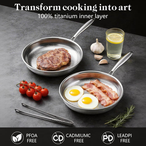 12 Inch Titanium Nonstick Frying Pan, 5-Layer Hammered Titanium-Alloy Skillet with Lid, PFOA/PFOS/Lead/Cadmium Free, Oven & Dishwasher Safe, Induction Cooktop Compatible