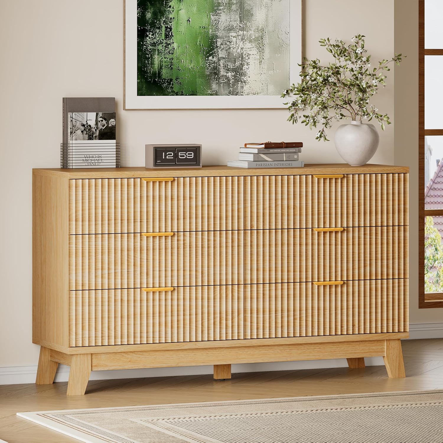 53" Long Dresser for Bedroom, 6-Drawer Dresser with Fluted Fronts, Wide Wood Chest of Drawers, Smooth Metal Slides, Stable Base, Modern Clothes Storage Cabinet for Living Room, Hallway