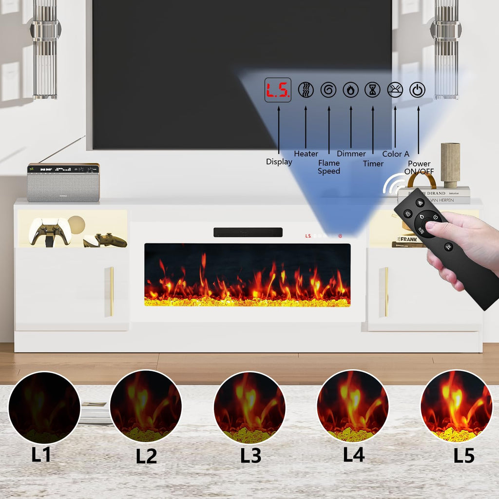 Fireplace TV Stand with 36" Fireplace Up to 80" TVs,70" Entertainment Center with LED Lights,Remote Control,TV Media Console with Storage Cabinets for Living Room, White+White