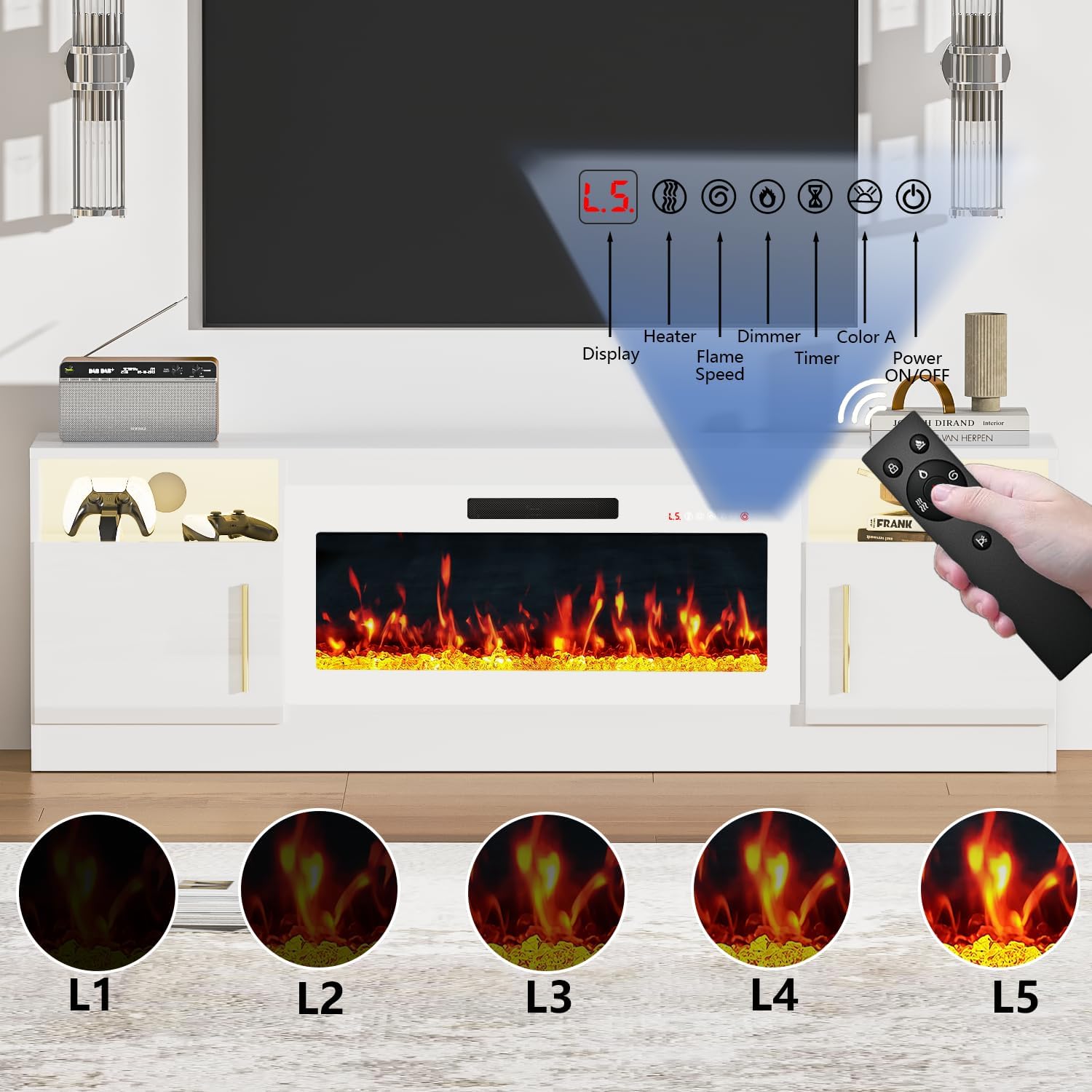 Fireplace TV Stand with 36" Fireplace Up to 80" TVs,70" Entertainment Center with LED Lights,Remote Control,TV Media Console with Storage Cabinets for Living Room, White+White