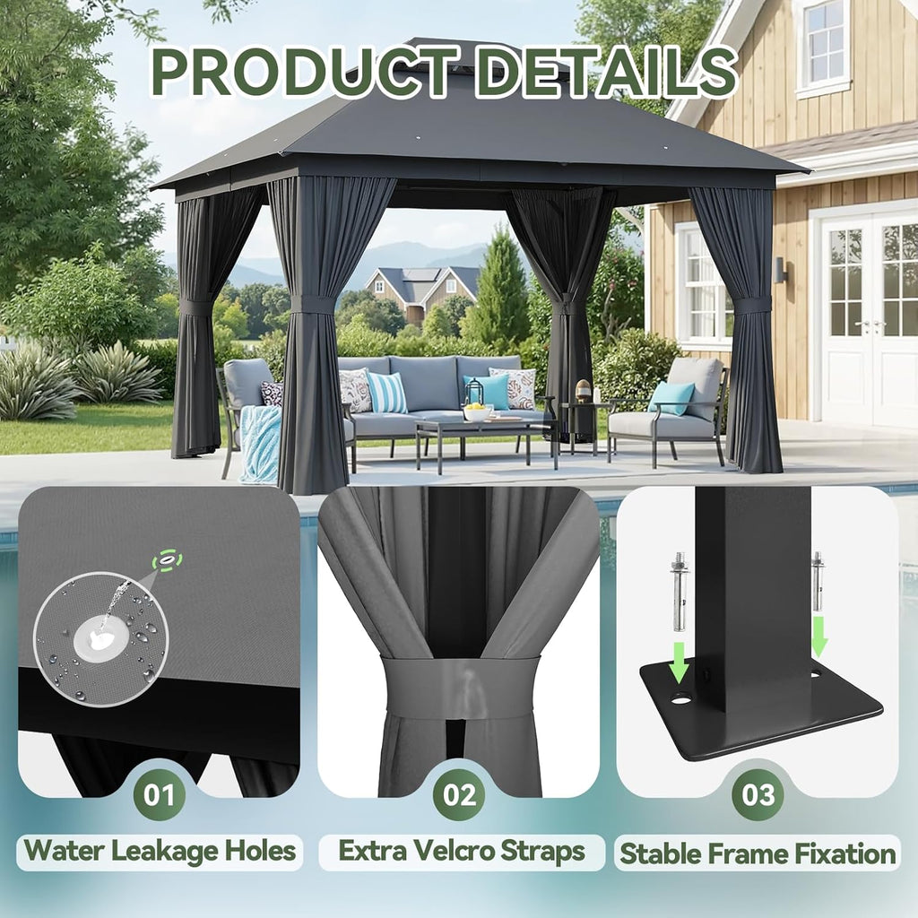 Aoxun Outdoor Gazebo for Patio 10x12  Metal Frame Canopy with Double Roofs  Heavy Duty Party Tent and Shelter with Mosquito Netting and Privacy Screen for Backyard  Lawn  Garden  Deck
